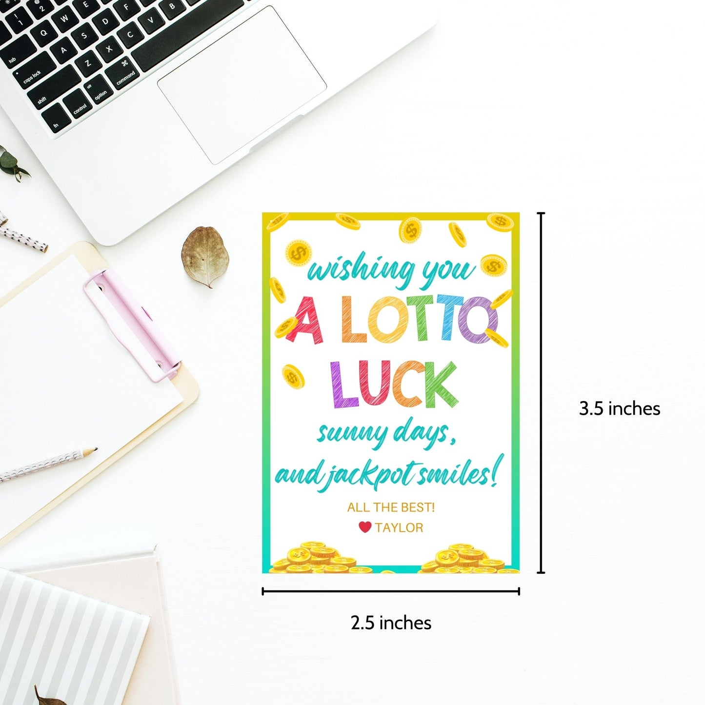 Colorful lotto-themed gift tags featuring a cheerful design with gold coins and the text "Wishing You A Lotto Luck, Sunny Days, and Jackpot Smiles! All the Best!" Personalize with names.
