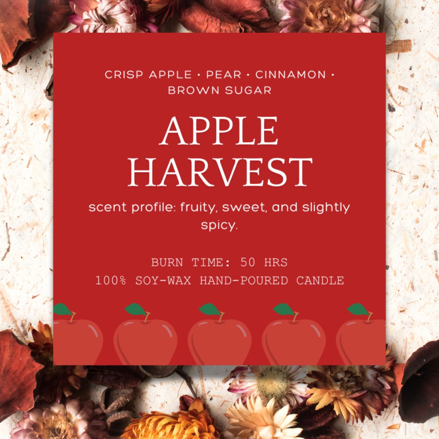 A set of 10 editable Fall-themed candle labels featuring autumn-inspired designs and scents, perfect for adding a personal touch to your candles. The labels are 2.75 inches square and come with a link to a customizable Canva template.