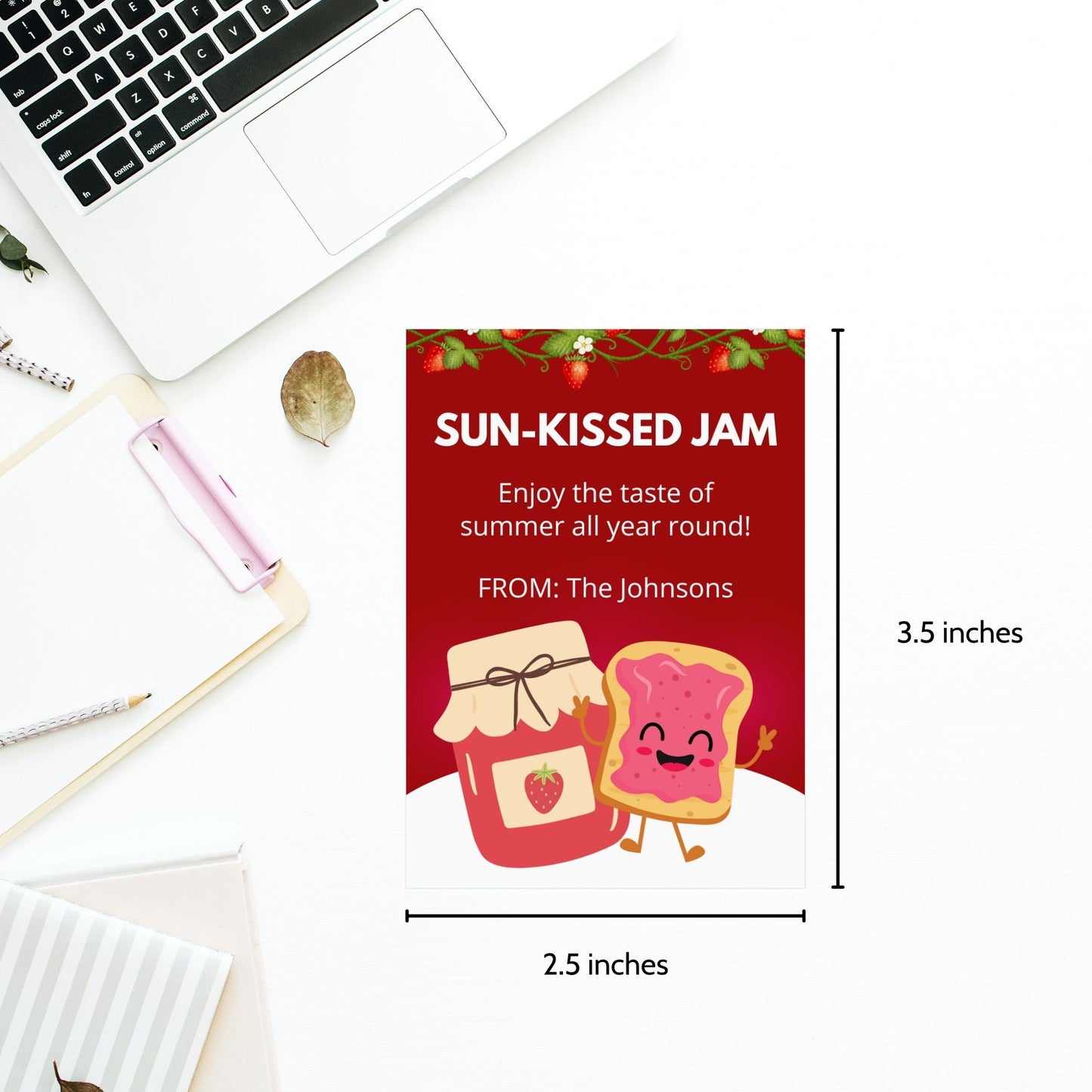 Charming gift tags featuring a colorful jam and toast design with the text "Sun-Kissed Jam. Enjoy the taste of summer all year round!" Personalize with names and messages.