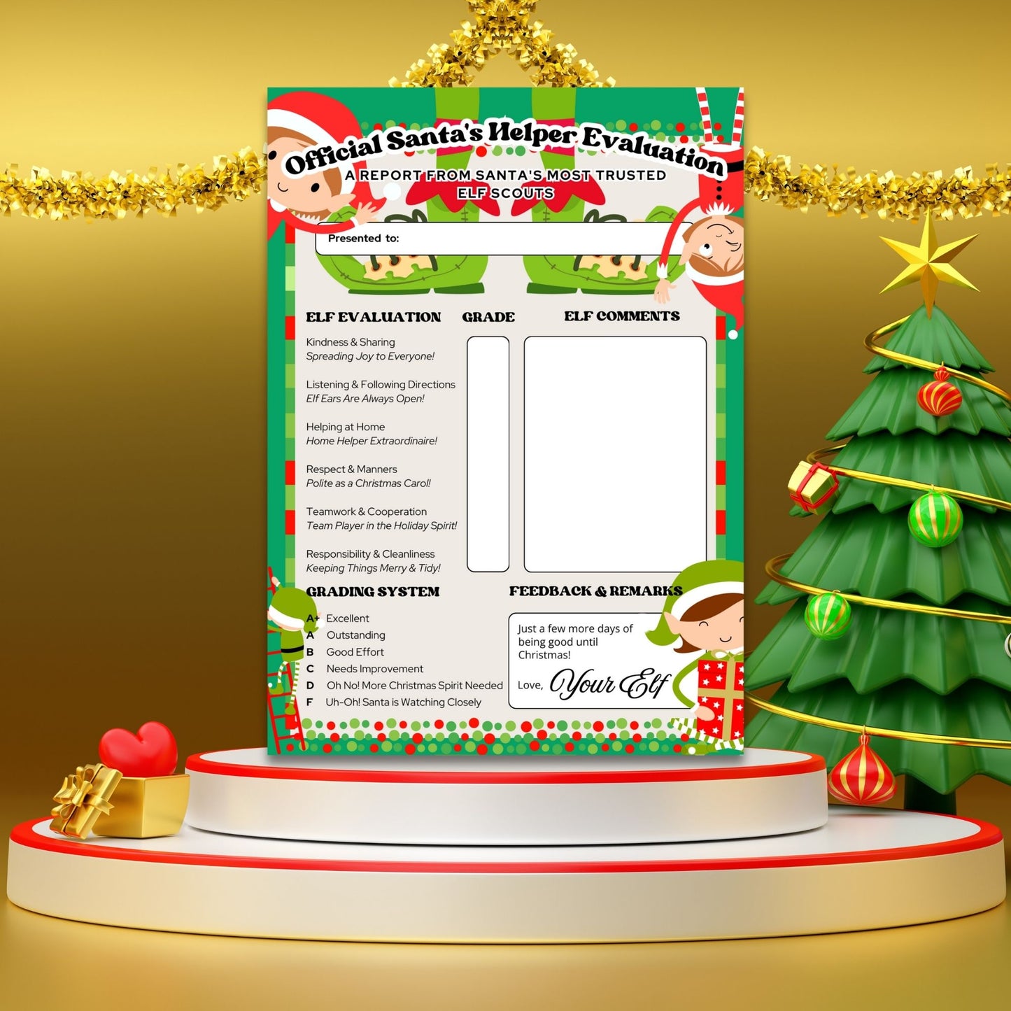 A playful Printable Elf Report Card, sized 5x7 inches, featuring festive holiday themes and adorable elf feedback options, designed to encourage good behavior and add a touch of Christmas magic.