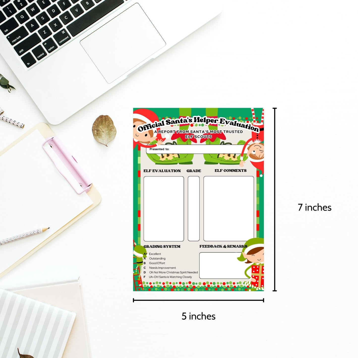 A playful Printable Elf Report Card, sized 5x7 inches, featuring festive holiday themes and adorable elf feedback options, designed to encourage good behavior and add a touch of Christmas magic.