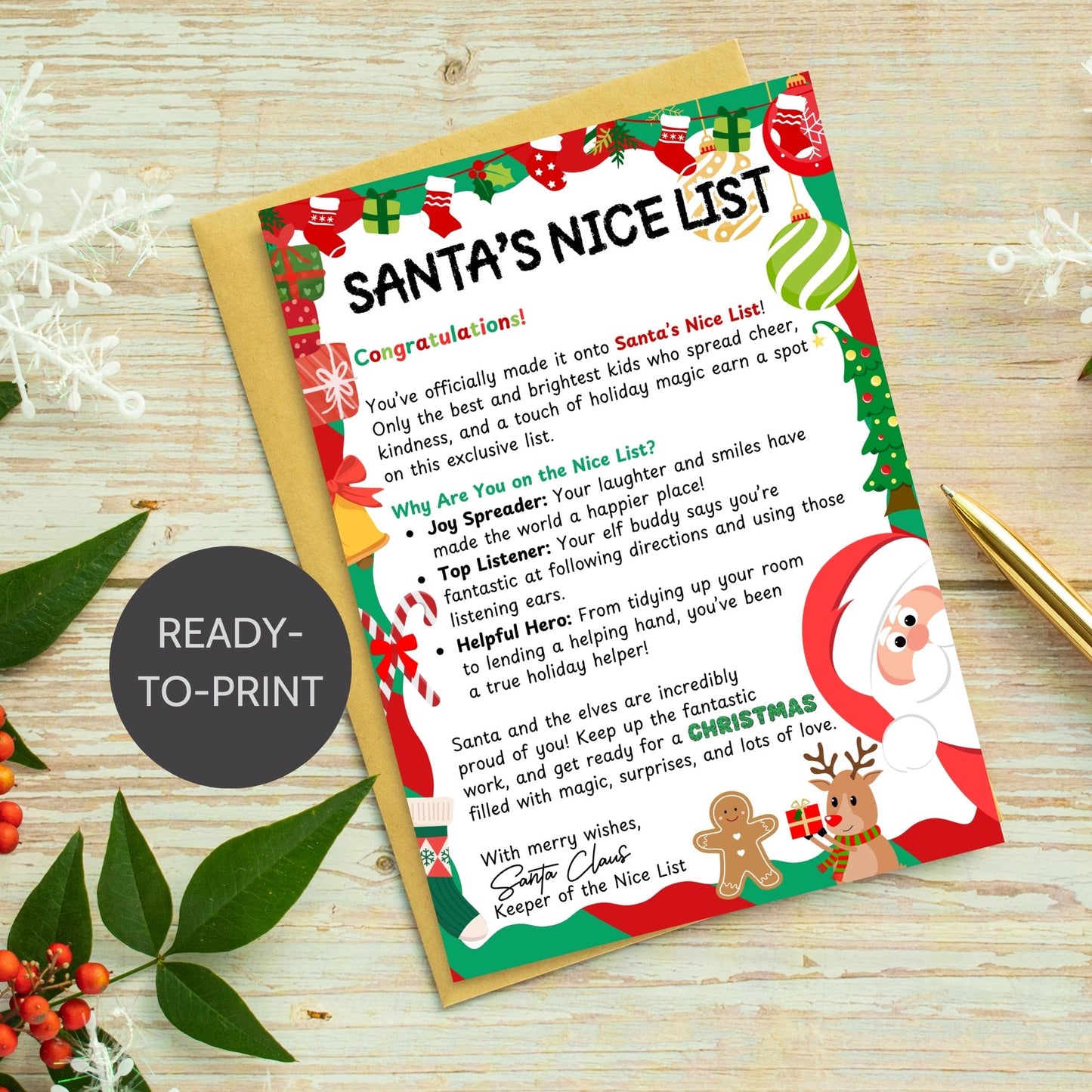 A festive Printable Santa’s Nice List card, sized 5x7 inches, featuring cheerful holiday designs and a classic Santa-approved message, perfect for celebrating those who made it to the Nice List this Christmas.