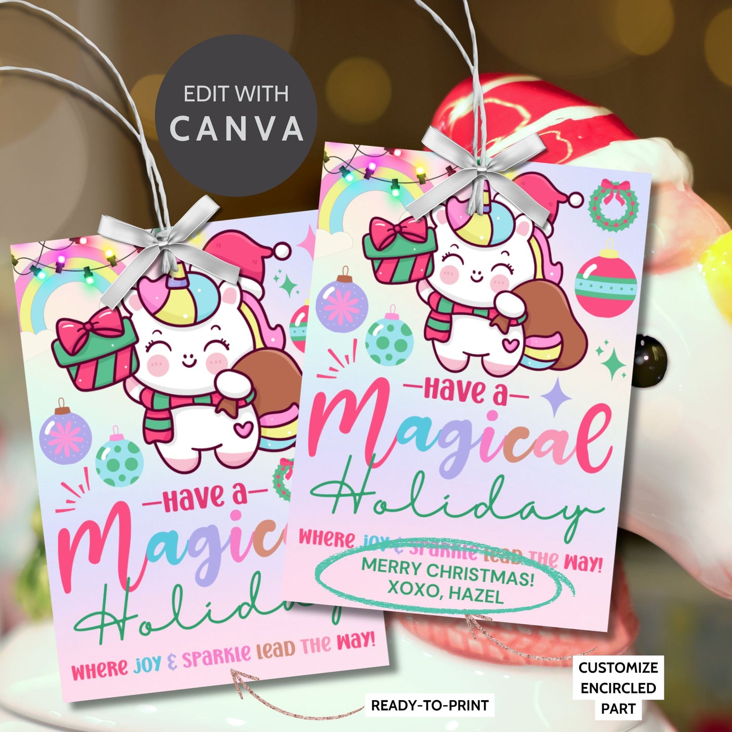 Unicorn-themed holiday gift tags with a pastel design featuring a festive unicorn carrying a gift sack, surrounded by rainbows and ornaments. Text reads 'Have a Magical Holiday.' Perfect for adding sparkle to Christmas presents.