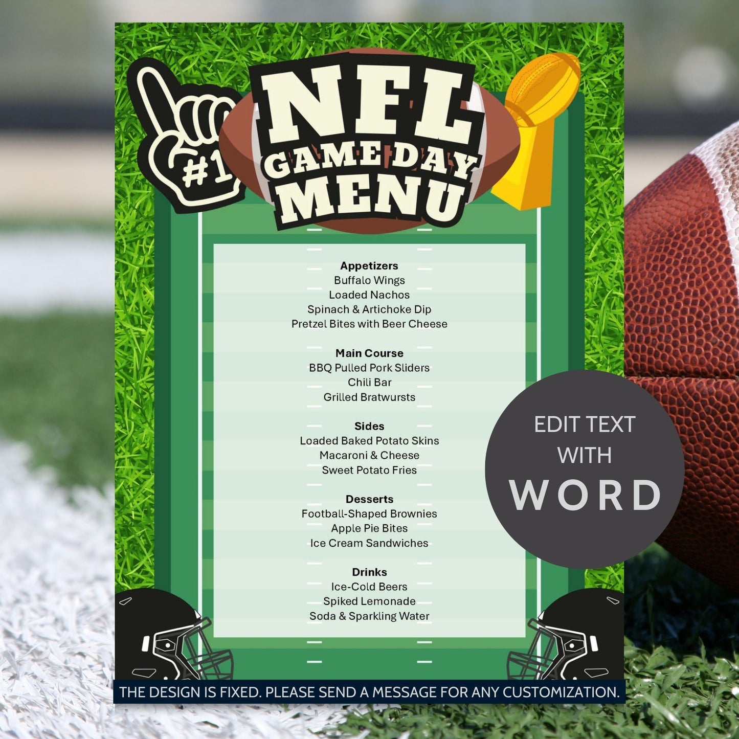 Editable NFL Game Day Menu Template showcasing classic football snacks and meals like Buffalo Wings, BBQ Pulled Pork Sliders, and Football-Shaped Brownies, perfect for any football watch party or tailgate event