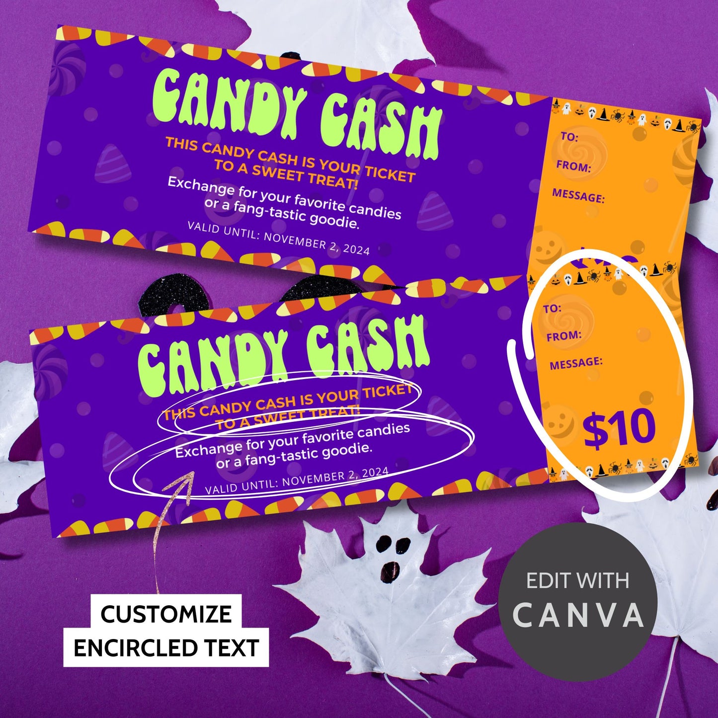 Bright and colorful Halloween-themed voucher/gift certificate with candy corn and lollipop illustrations, offering "Candy Cash" for exchanging sweet treats or goodies.