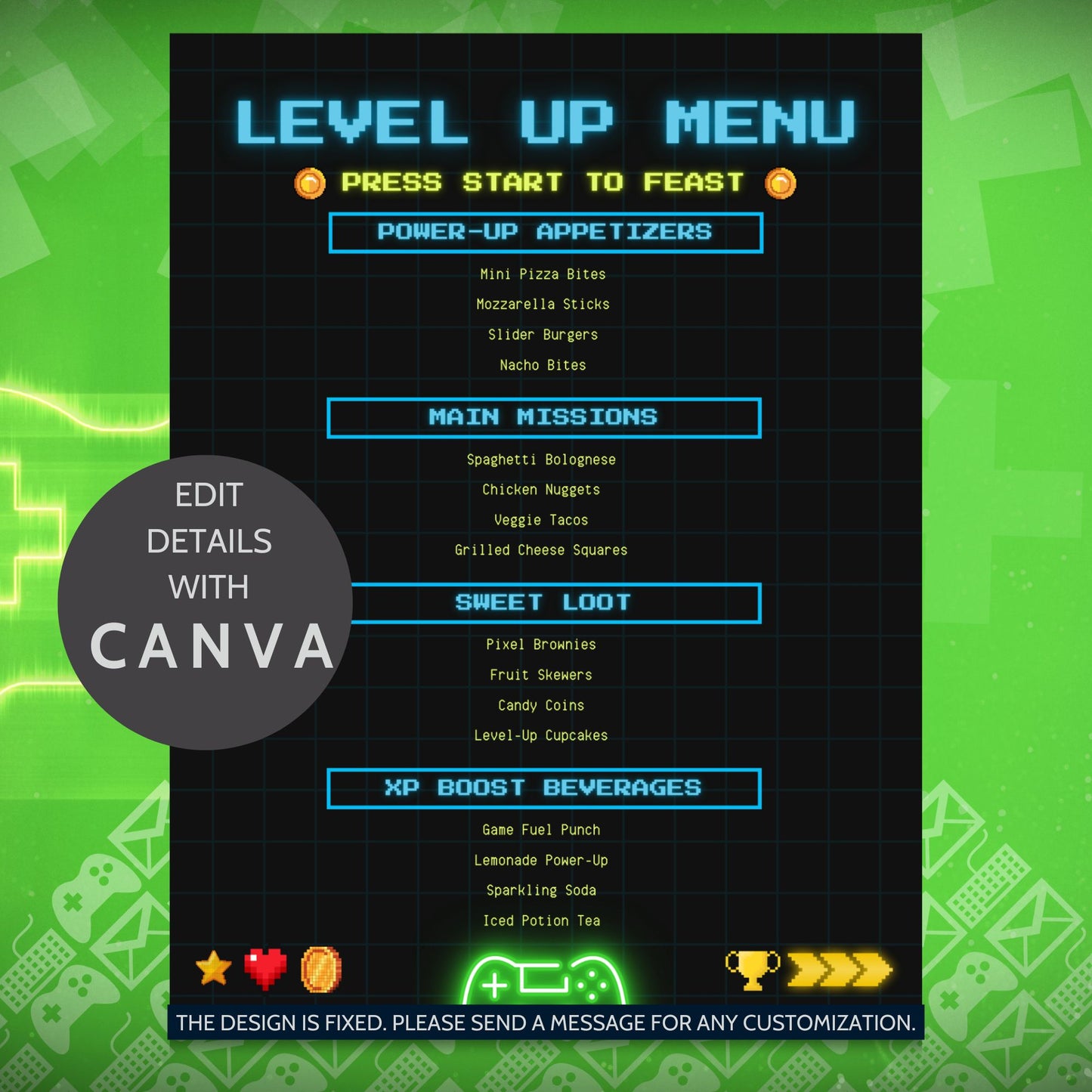 Editable video game-themed menu titled “Level Up Menu” with categories like Power-Up Appetizers, Main Missions, and XP Boost Beverages. Canva template sized 8.5 x 11 inches.
