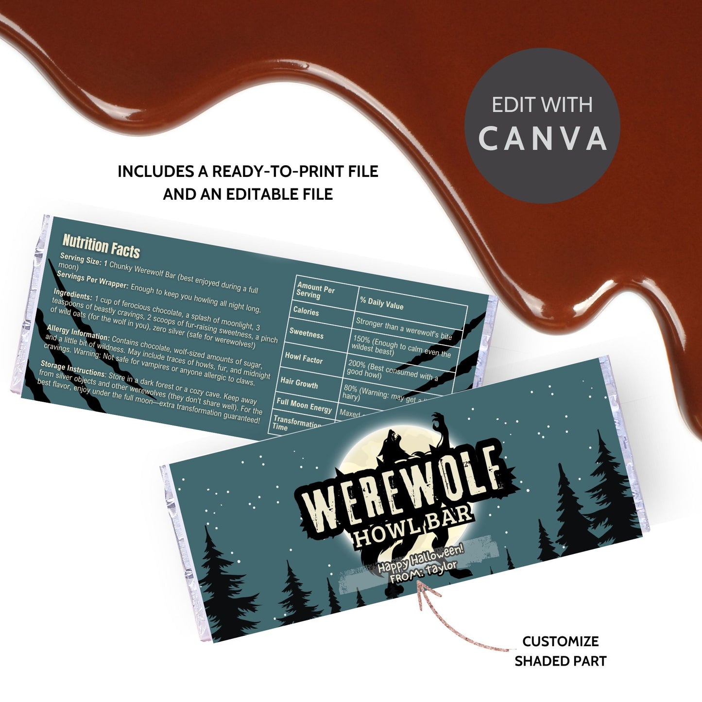 Printable and editable werewolf-themed Halloween chocolate bar wrapper featuring a full moon and howling werewolf, perfect for spooky treats and Halloween parties.