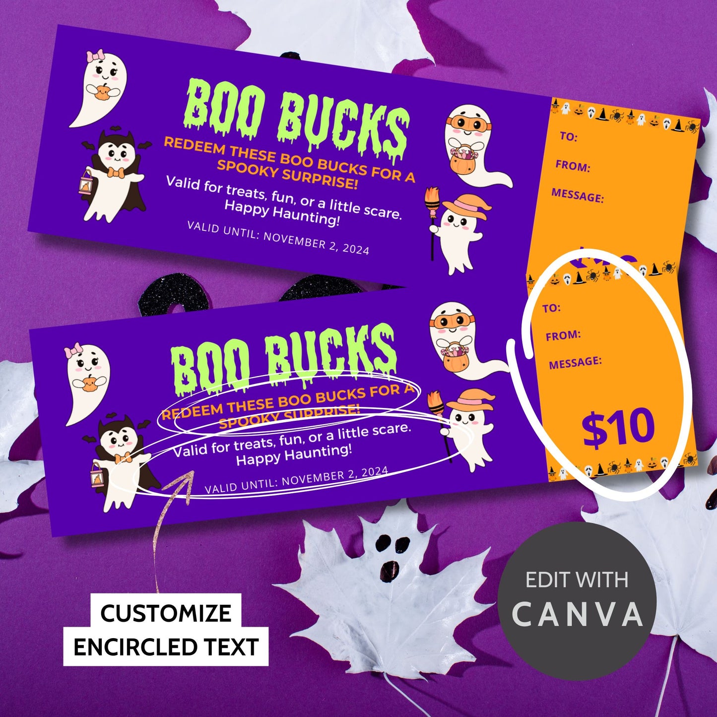 Editable Halloween-themed voucher/gift certificate in purple and orange with cute ghost illustrations, offering a "Boo Bucks" experience for treats, fun, or spooky surprises.