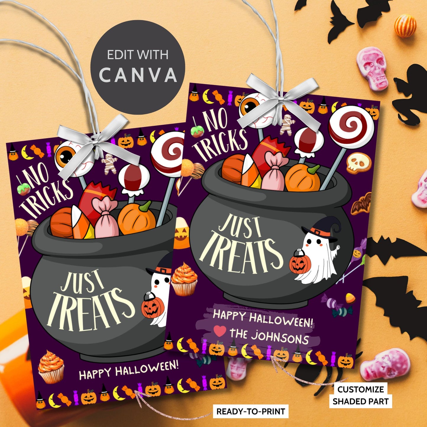 Halloween-themed printable gift tags with the message "No Tricks, Just Treats" featuring a cauldron filled with Halloween candies and treats. Tags are 2.5 x 3.5 inches, laid out 8 per sheet on a standard 8.5 x 11-inch page. Includes a printable PDF and a PDF with a link to an editable Canva template.