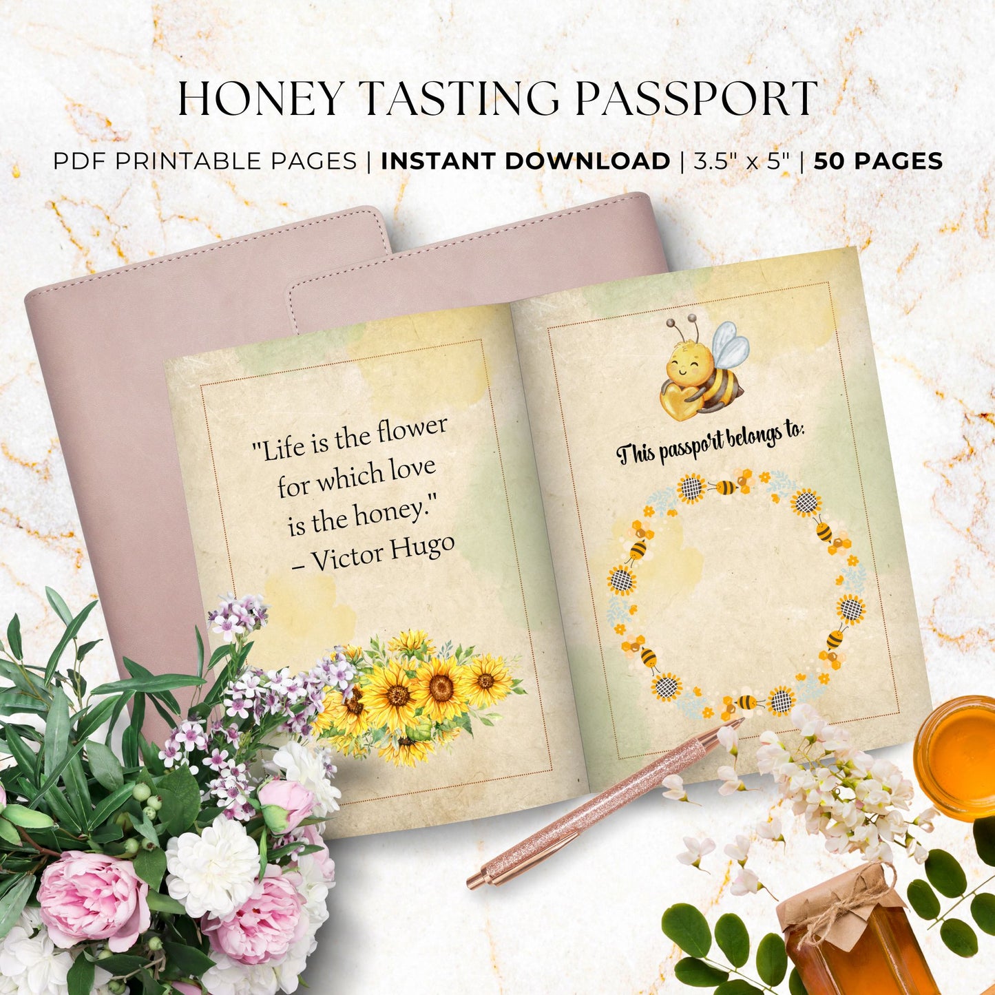 Vintage-style Honey Tasting Passport printable with elegant bees, honeycombs, and rustic honey jars, designed for noting honey-tasting experiences.