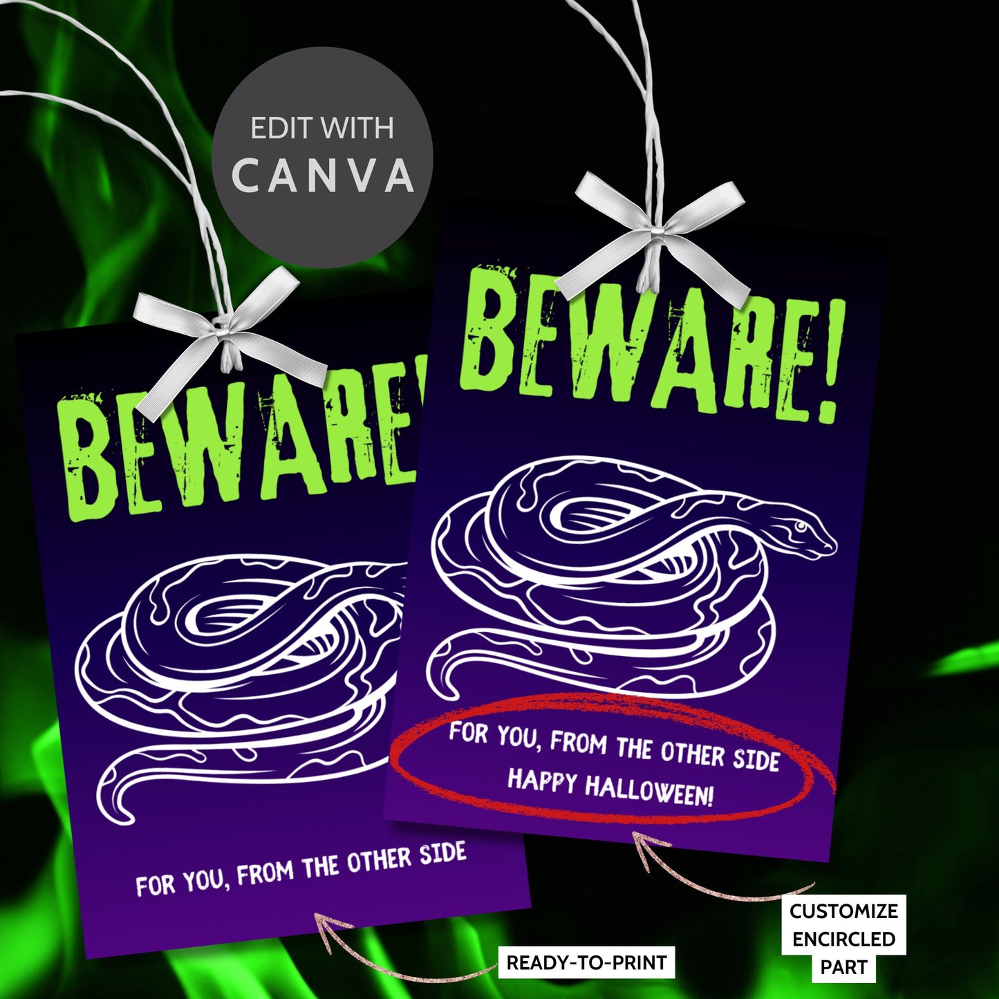 Halloween gift tag design with a Beetlejuice theme featuring a bold "Beware!" warning in green, accompanied by a white snake illustration on a purple background. The tag size is 2.5 x 3.5 inches, laid out 8 per sheet for easy printing, perfect for adding a spooky touch to Halloween gifts.