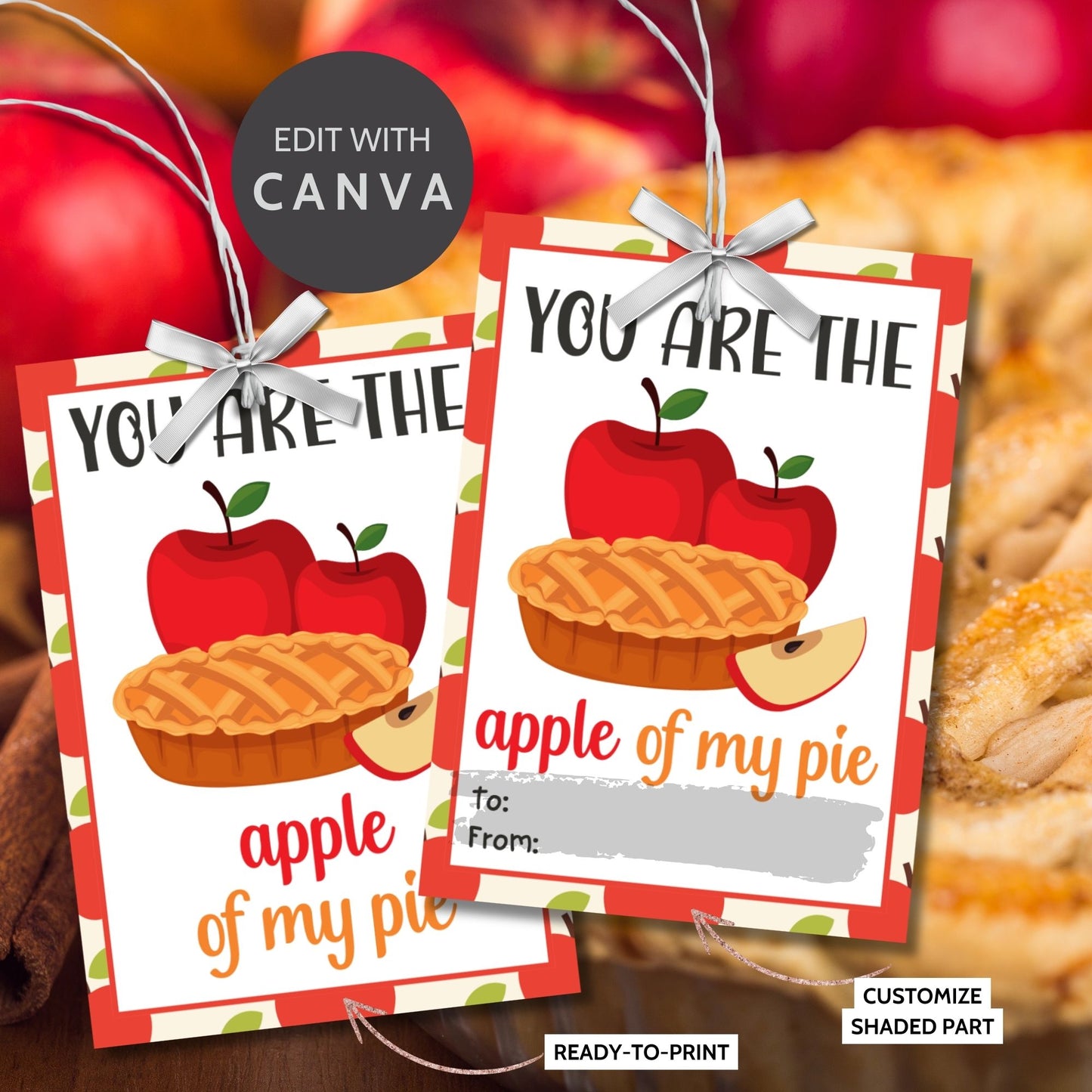 Editable apple pie-themed fall gift tags in 2.5 x 3.5 inches, 8 per sheet, available as printable and customizable PDFs.