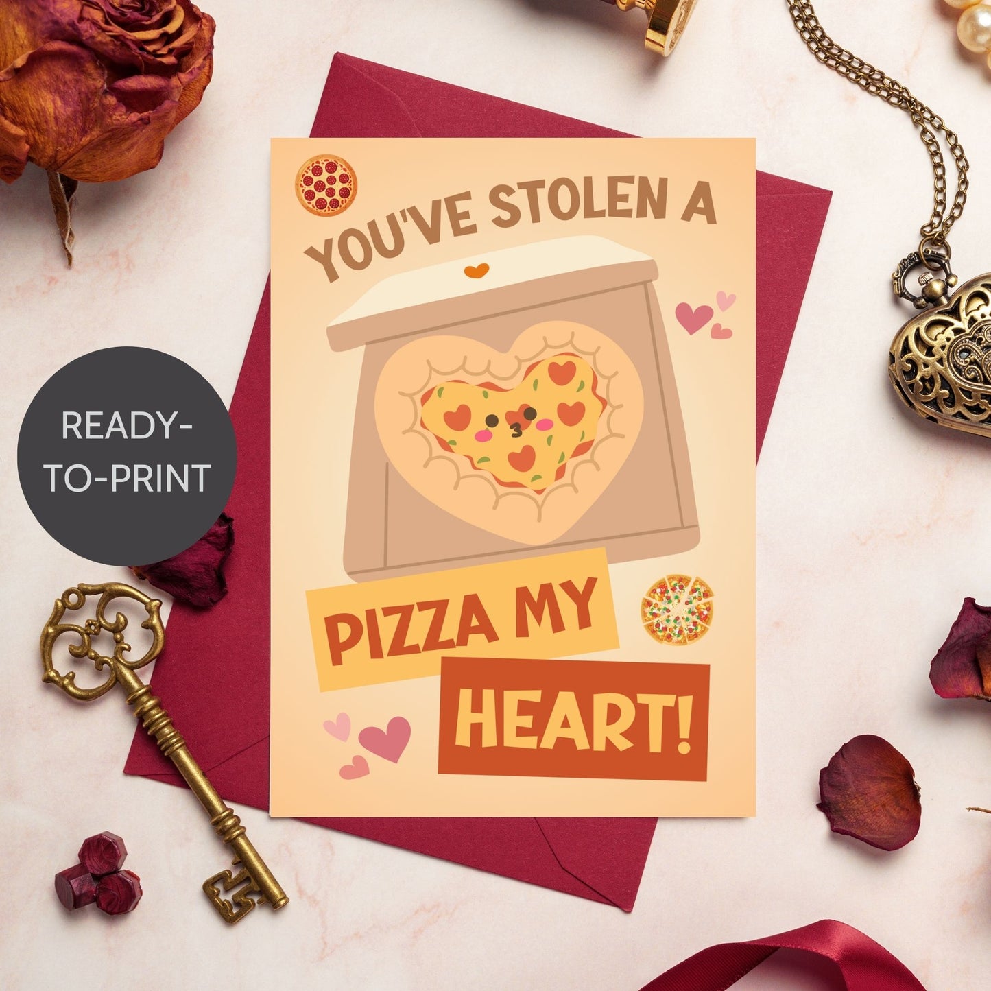 Printable Valentineās Day Greeting Card featuring the phrase āYouāve Stolen a Pizza My Heartā with a pizza theme. Designed as a 5x7 PDF on an 8.5 x 11 sheet with two cards per page. A fun and punny Valentineās card for pizza lovers.