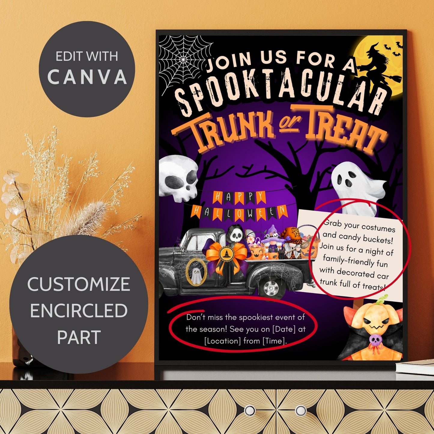 Colorful and fun Trunk or Treat Halloween poster with spooky-themed designs, featuring ghosts, pumpkins, and candy-filled car trunks, perfect for family-friendly events like Halloween gatherings.
