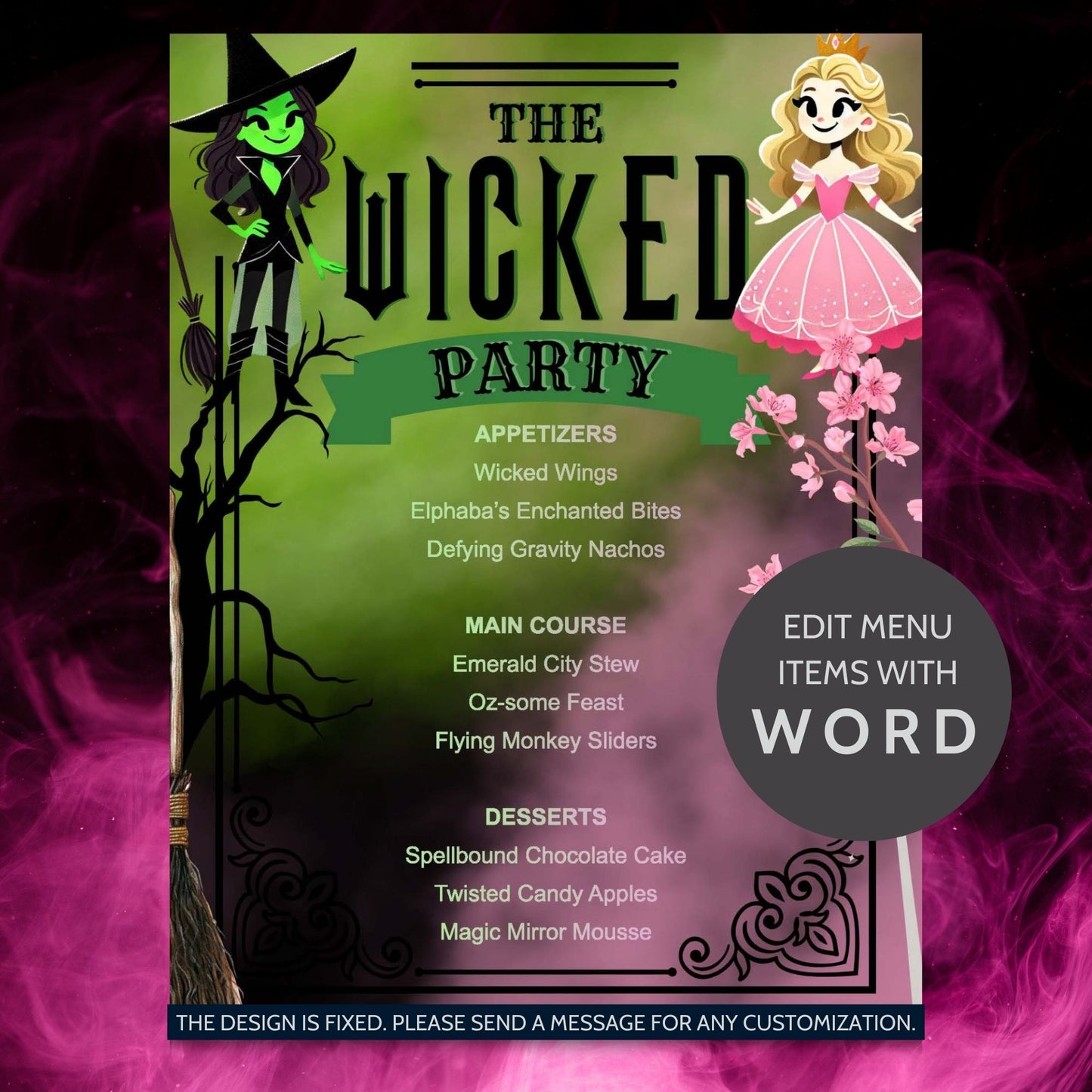 Editable Wicked-themed menu template with character illustrations and dishes like Wicked Wings and Magic Mirror Mousse, perfect for Halloween, fantasy parties, and Wicked musical fans.