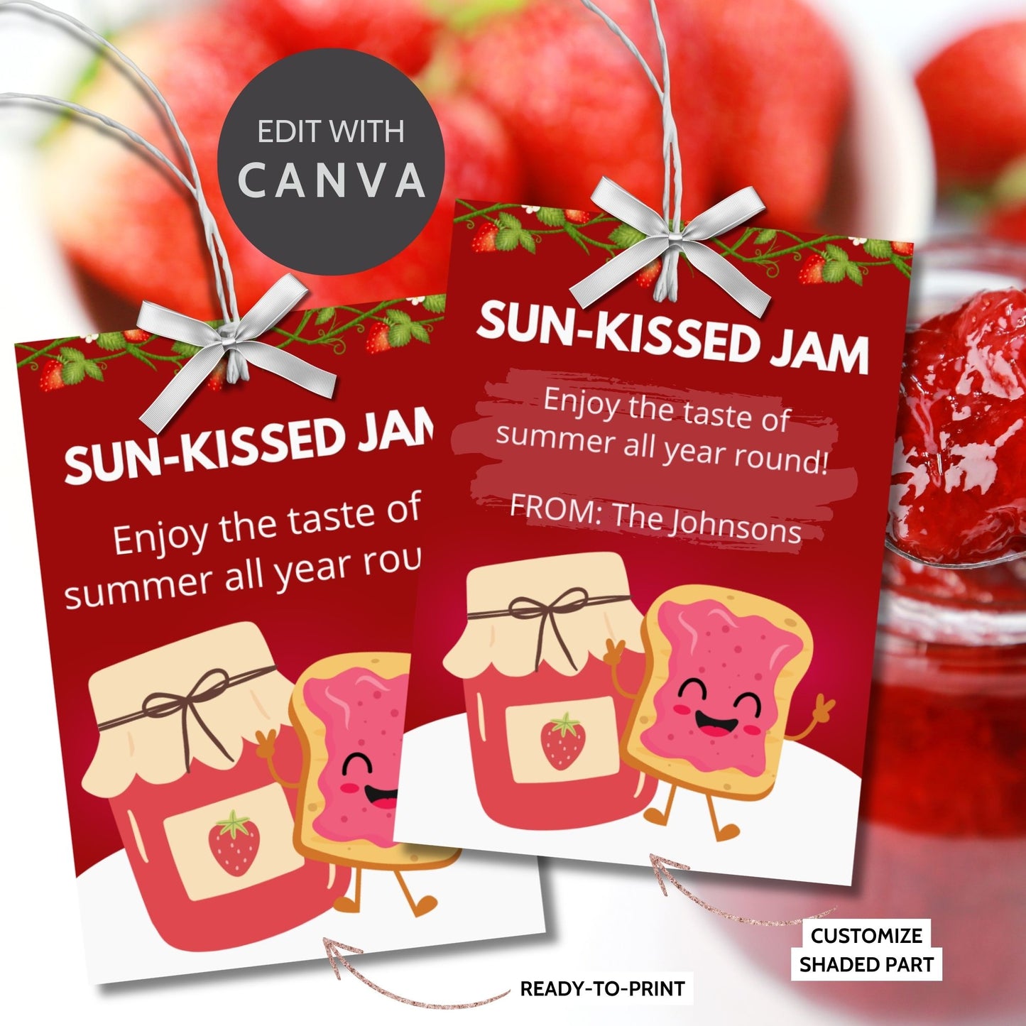 Charming gift tags featuring a colorful jam and toast design with the text "Sun-Kissed Jam. Enjoy the taste of summer all year round!" Personalize with names and messages.
