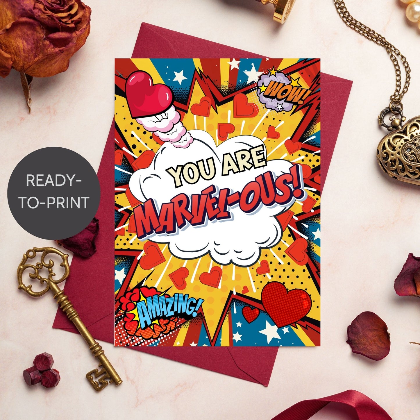 Printable Valentineās Day Greeting Card featuring the superhero-inspired phrase āYou Are MARVELous.ā Designed as a 5x7 PDF on an 8.5 x 11 sheet with two cards per page. A bold and fun Valentineās card for Marvel fans and comic lovers.