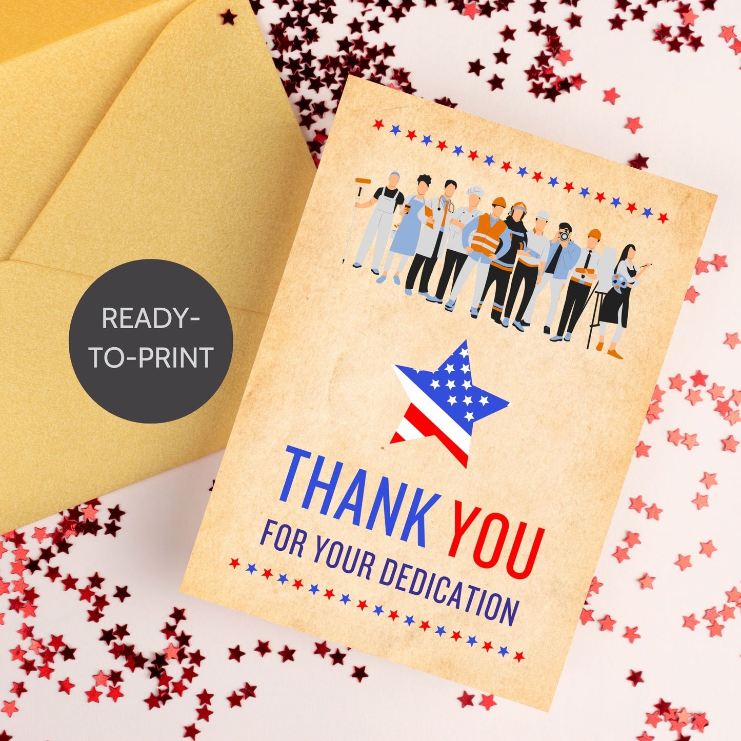 Printable Labor Day Thank You Cards - 5x7 size, featuring a patriotic design, perfect for employee appreciation, with an additional separate 5x7 PDF file.