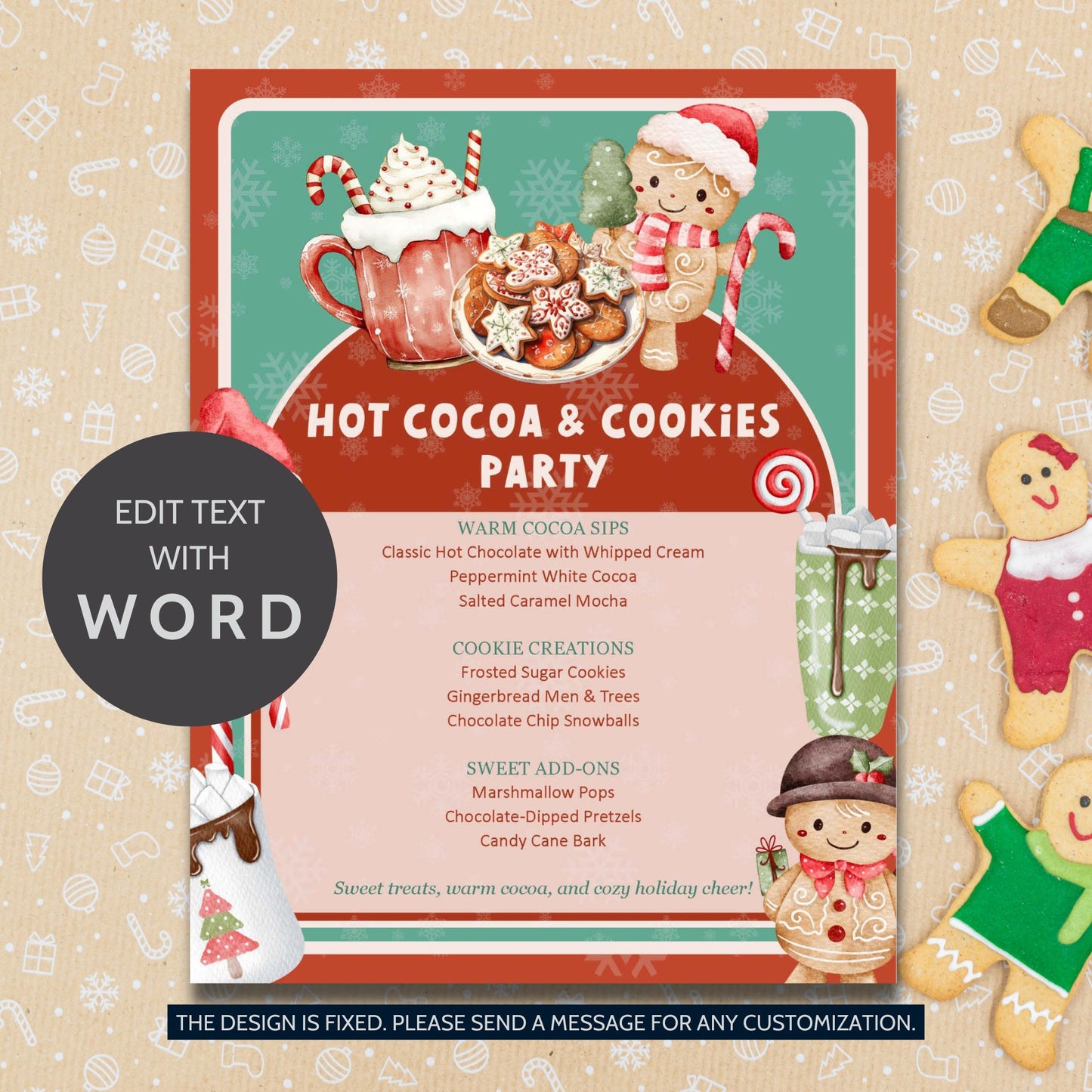 Hot Cocoa & Cookies Party Editable Menu Template featuring cocoa mugs, cookies, and festive red-and-white holiday accents on printable 8.5x11 Word layout.