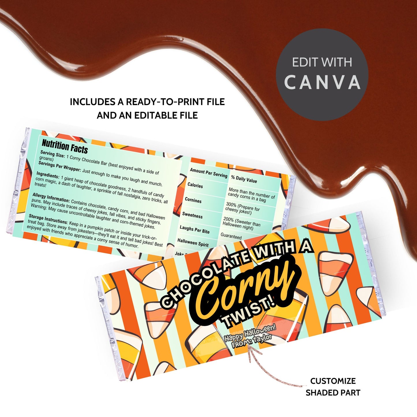 Printable and editable candy corn-themed Halloween chocolate bar wrapper featuring candy corn graphics and colorful stripes, perfect for trick-or-treat and Halloween parties.