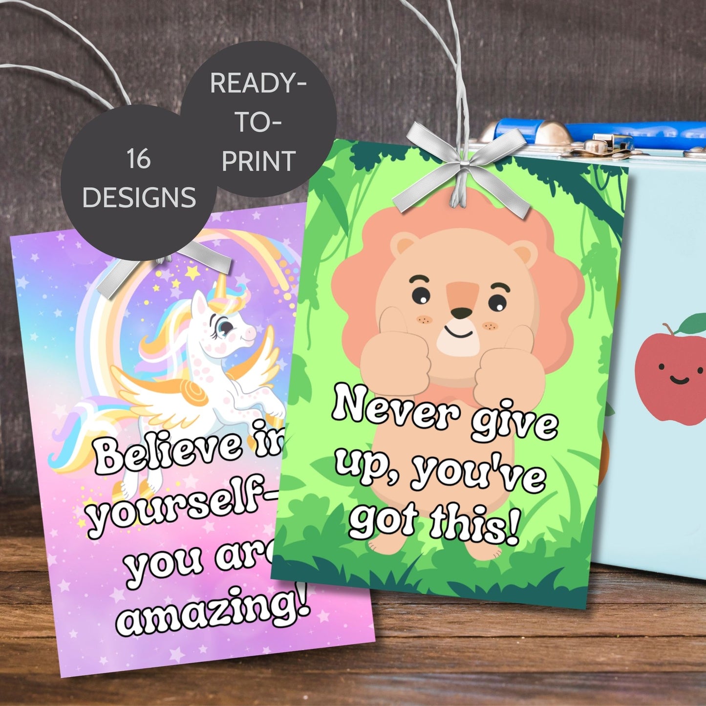 A collection of 16 colorful and motivational printable lunch box notes with fun designs, perfect for brightening up a child's lunchtime.