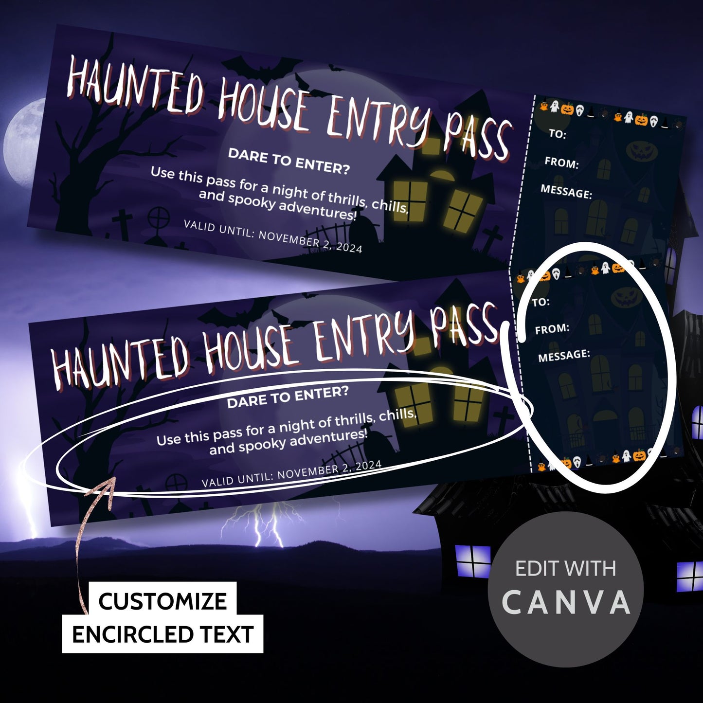 Dark and eerie Halloween-themed voucher with a haunted house illustration, graveyard, bats, and full moon backdrop, offering a "Haunted House Entry Pass" for thrills, chills, and spooky adventures.