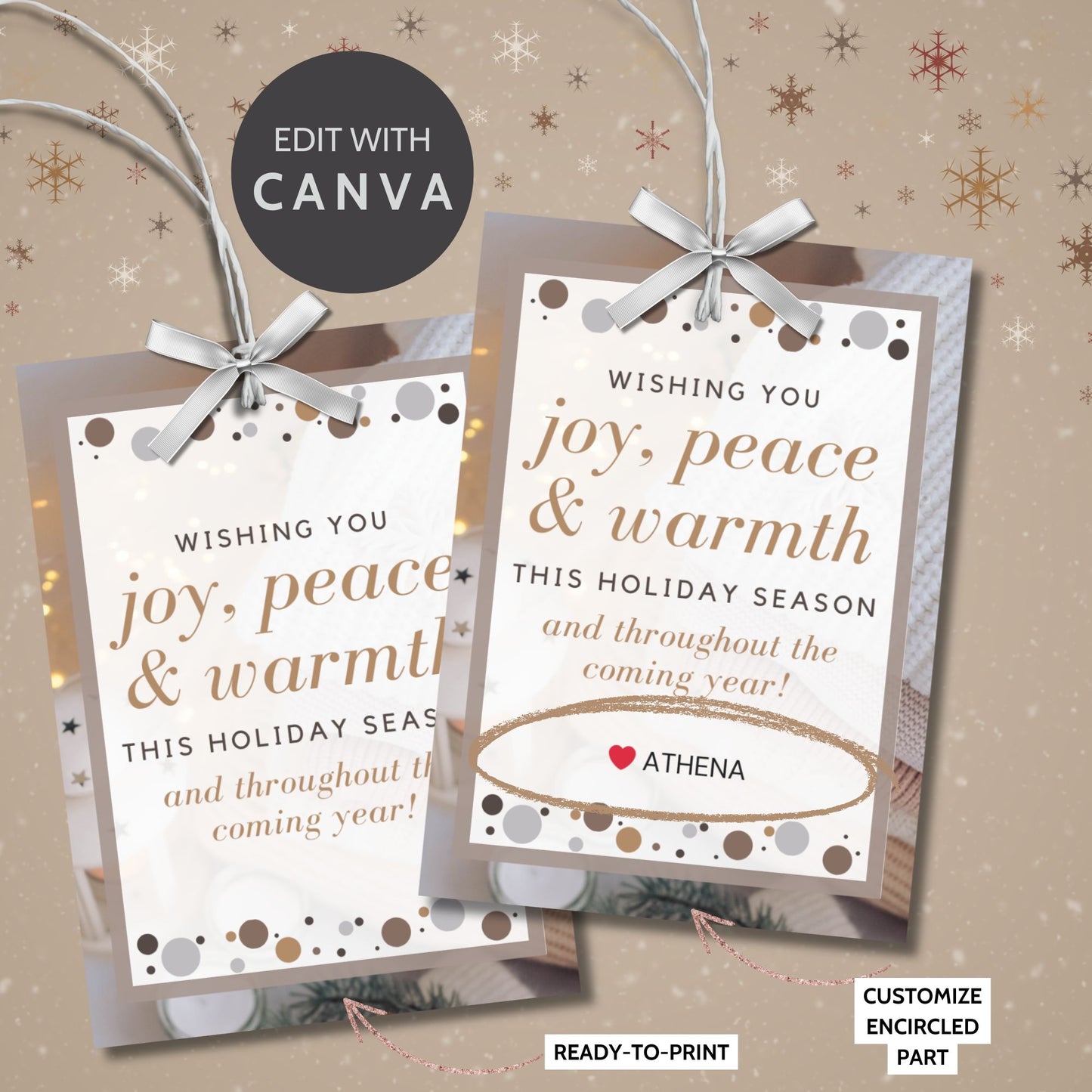 A set of eight printable and editable Christmas gift tags featuring a warm Beige Winter Delight palette with golden accents and a festive message. Perfect for elegant, minimalist gift wrapping. Each tag measures 2.5 x 3.5 inches, laid out on an 8.5 x 11-inch sheet.