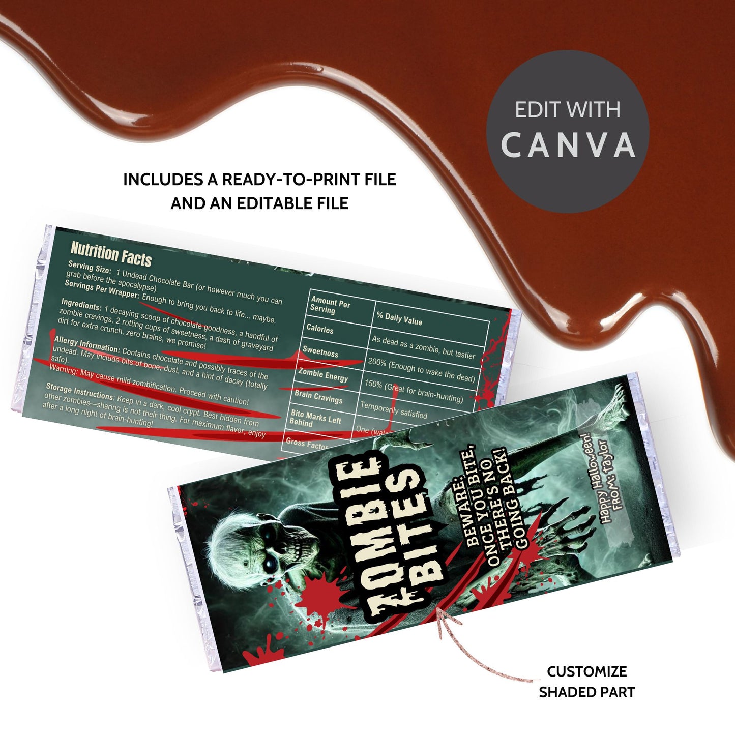 Printable and editable zombie-themed Halloween chocolate bar wrapper featuring a scary zombie design, perfect for trick-or-treat and spooky parties.