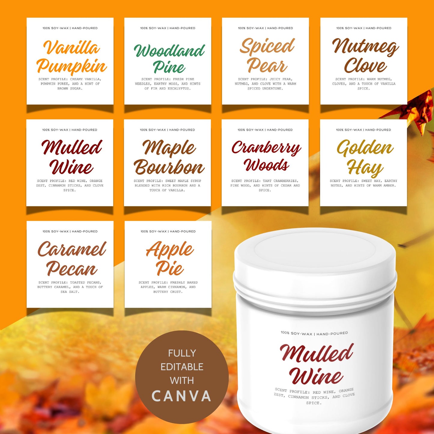 A set of 10 customizable Fall-themed candle labels for scents like Apple Pie, Caramel Pecan, and Vanilla Pumpkin. These 2.75-inch square labels are perfect for adding a personalized touch to handmade or store-bought candles and are available as editable templates.