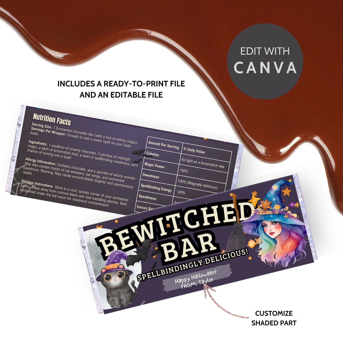 Printable and editable witch and cat-themed Halloween chocolate bar wrapper featuring a colorful witch and black cat, perfect for Halloween treats and parties.