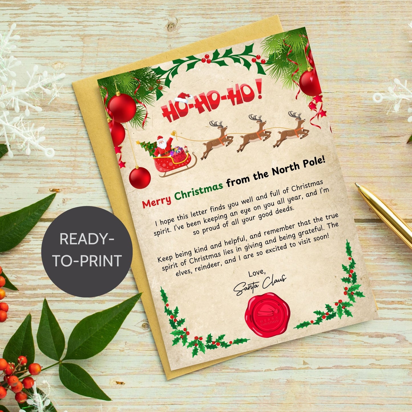 A festive Printable Letter from Santa Card, sized 5x7 inches, featuring classic holiday motifs, cheerful messaging, and warm details from Santa Claus, perfect for bringing joy to kids and kids at heart eagerly awaiting Santa’s arrival.