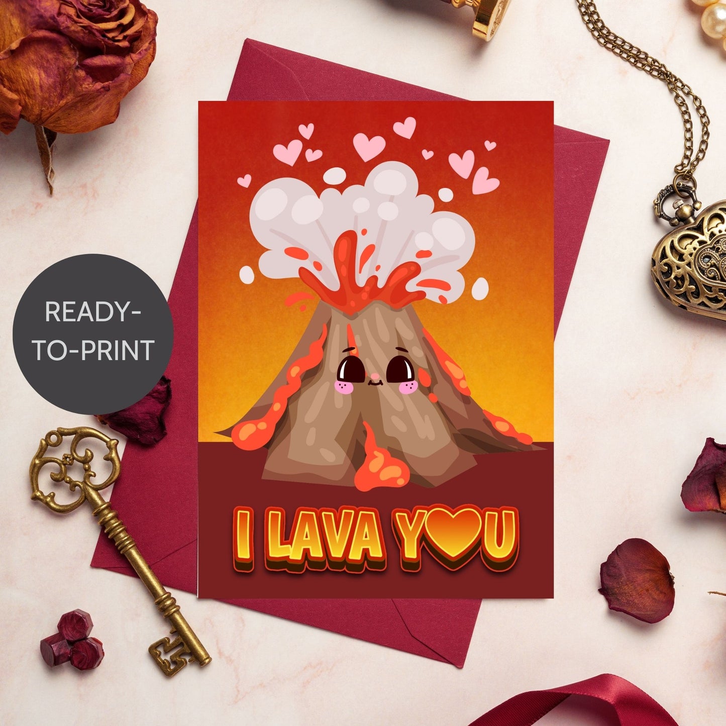 Printable Valentineās Day Greeting Card featuring the pun āI LAVA You.ā Designed as a 5x7 PDF on an 8.5 x 11 sheet with two cards per page. A fun and heartfelt Valentineās card for loved ones.