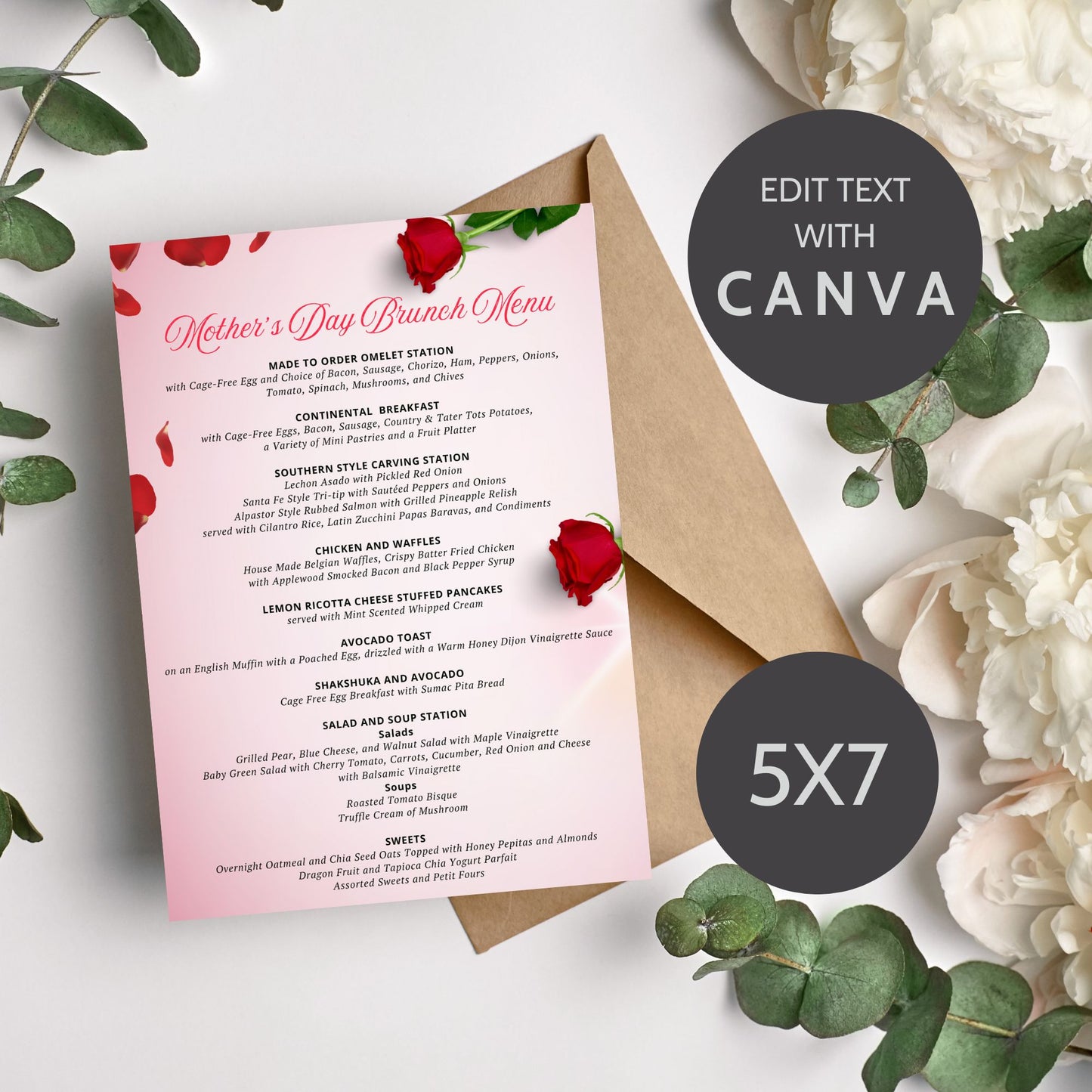 Elegant Mother's Day brunch menu featuring a sophisticated design with red and pink roses, customizable for a perfect family gathering.