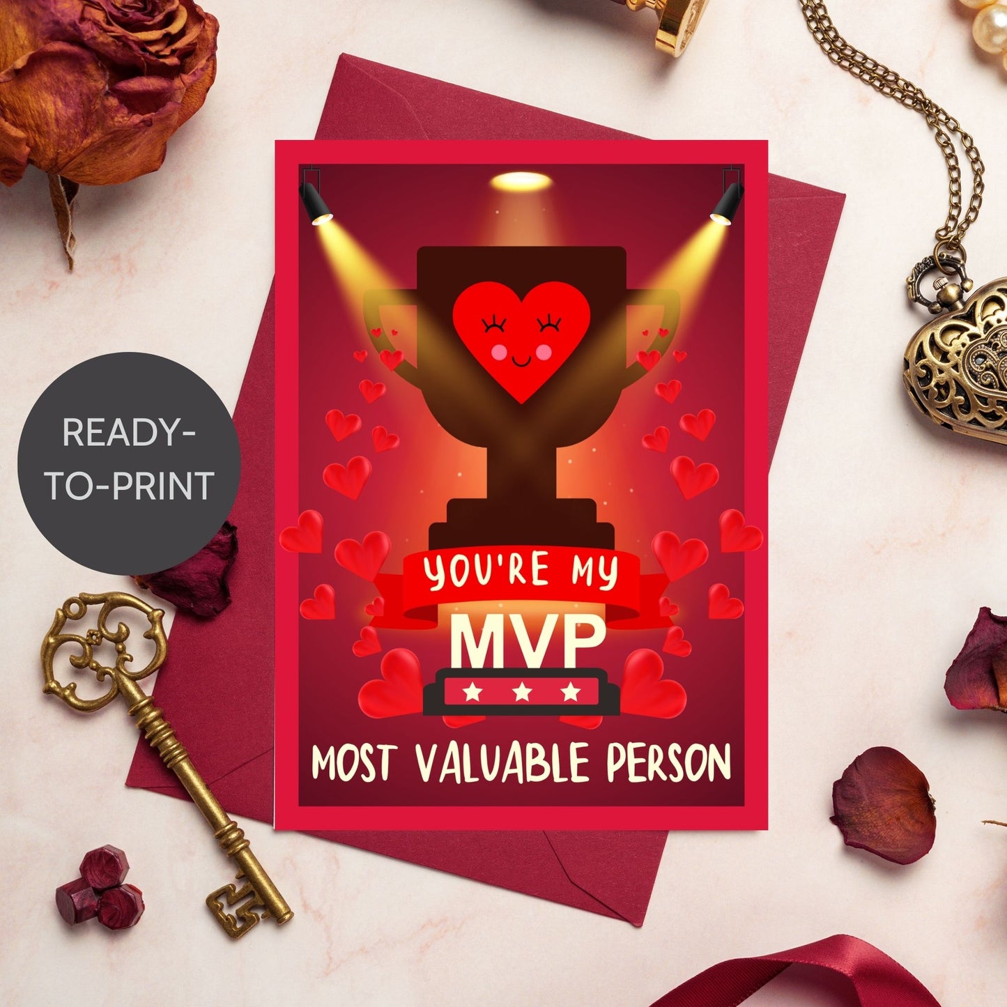 Printable Valentineās Day Greeting Card featuring the phrase āYou're My MVP.ā Designed as a 5x7 PDF on an 8.5 x 11 sheet with two cards per page. A fun and motivational Valentineās card for sports lovers.