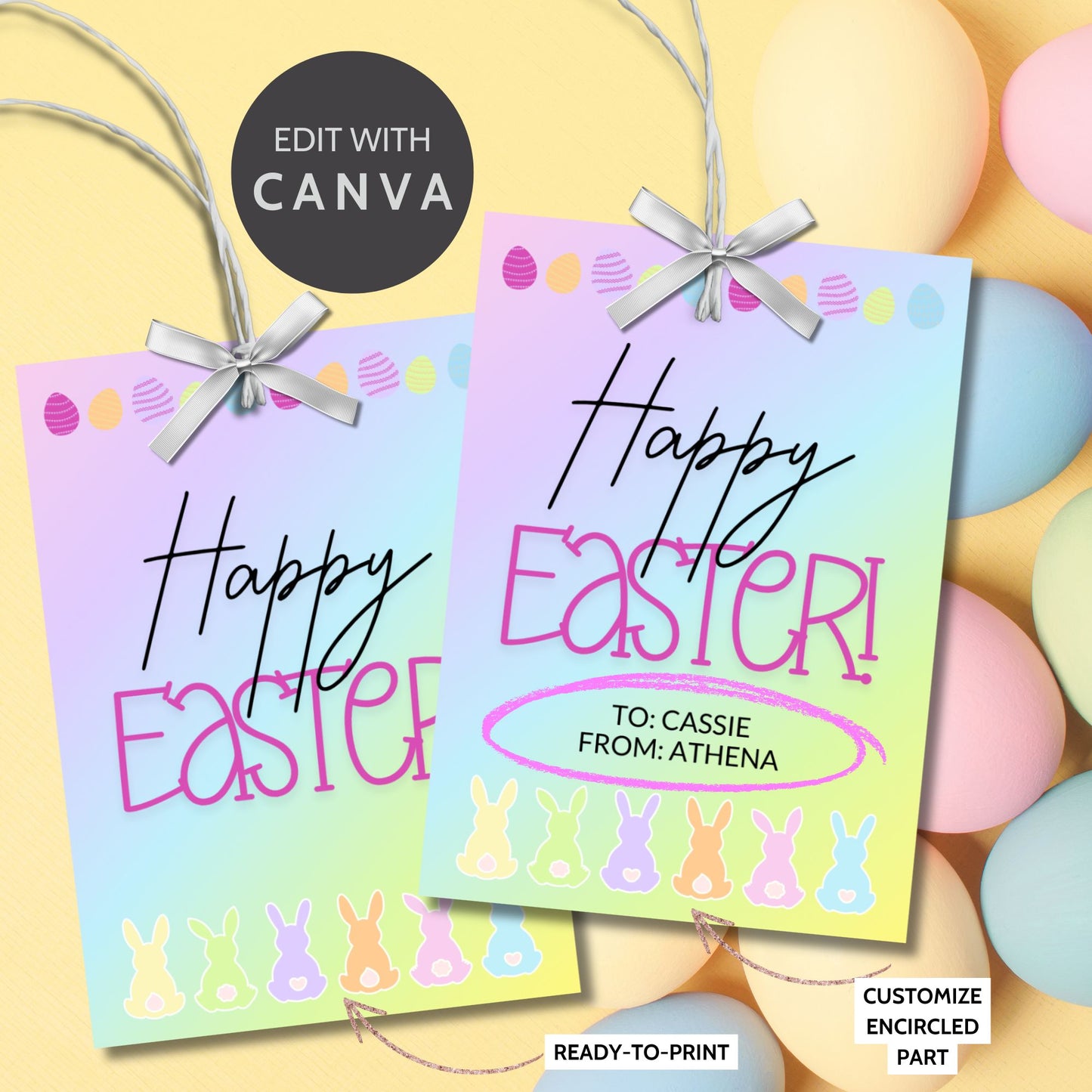 Collection of Happy Easter gift tags in soft pastel colors, featuring playful Easter egg and bunny designs, perfect for personalizing your festive gifts.