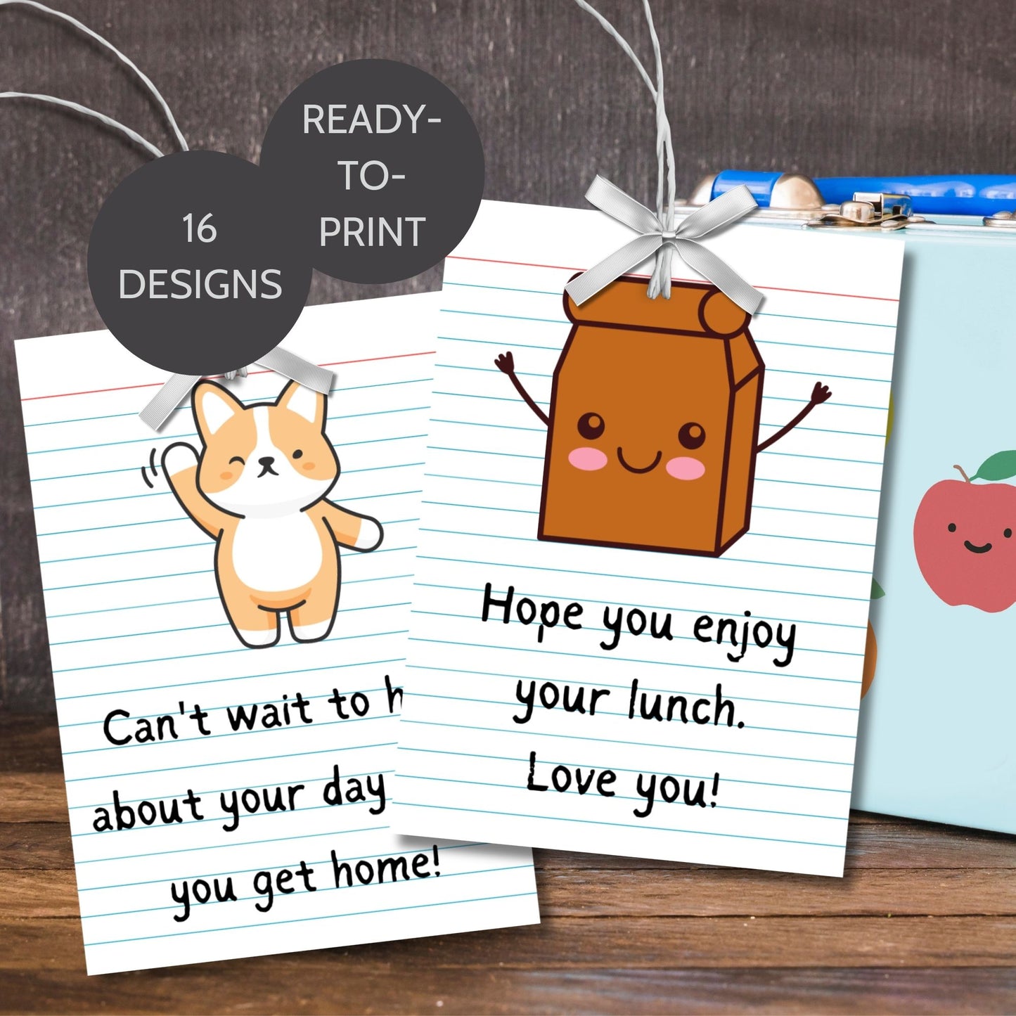 A collection of 16 colorful and heartfelt printable lunch box notes with personal messages, perfect for making a child's lunchtime special.