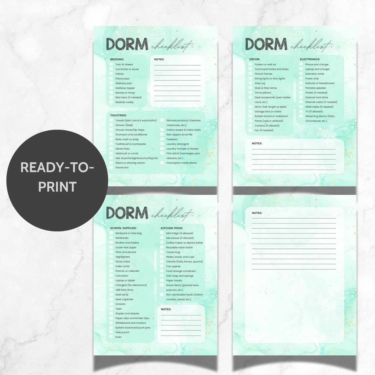 Printable Dorm Checklist with a stylish green marble design, listing all essential items for college students.