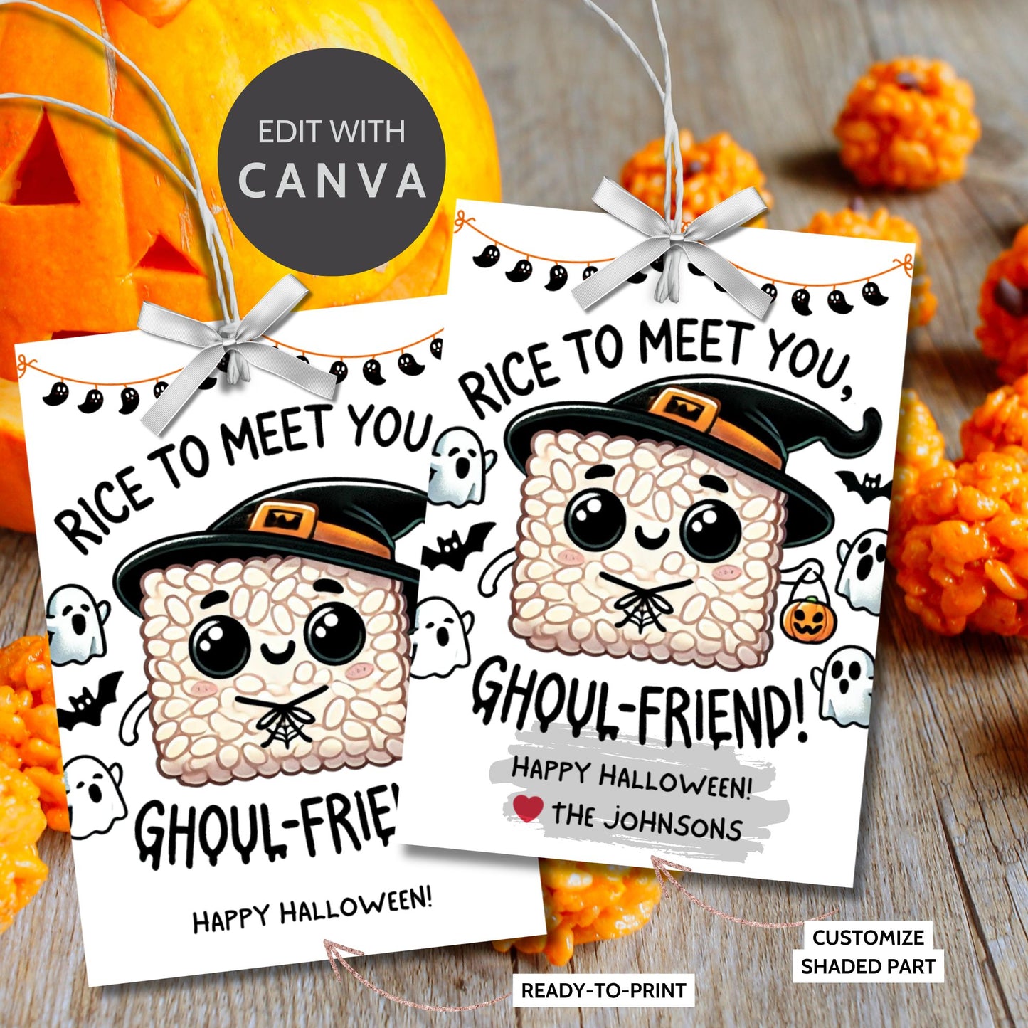 Cute Halloween-themed gift tags featuring a witchy rice krispie treat character, surrounded by ghosts, bats, and pumpkins. The tags say "Rice to Meet You, Ghoul-Friend!" and are 2.5 x 3.5 inches, laid out 8 per sheet on an 8.5 x 11-inch page. Includes a printable PDF and a link to an editable Canva template.