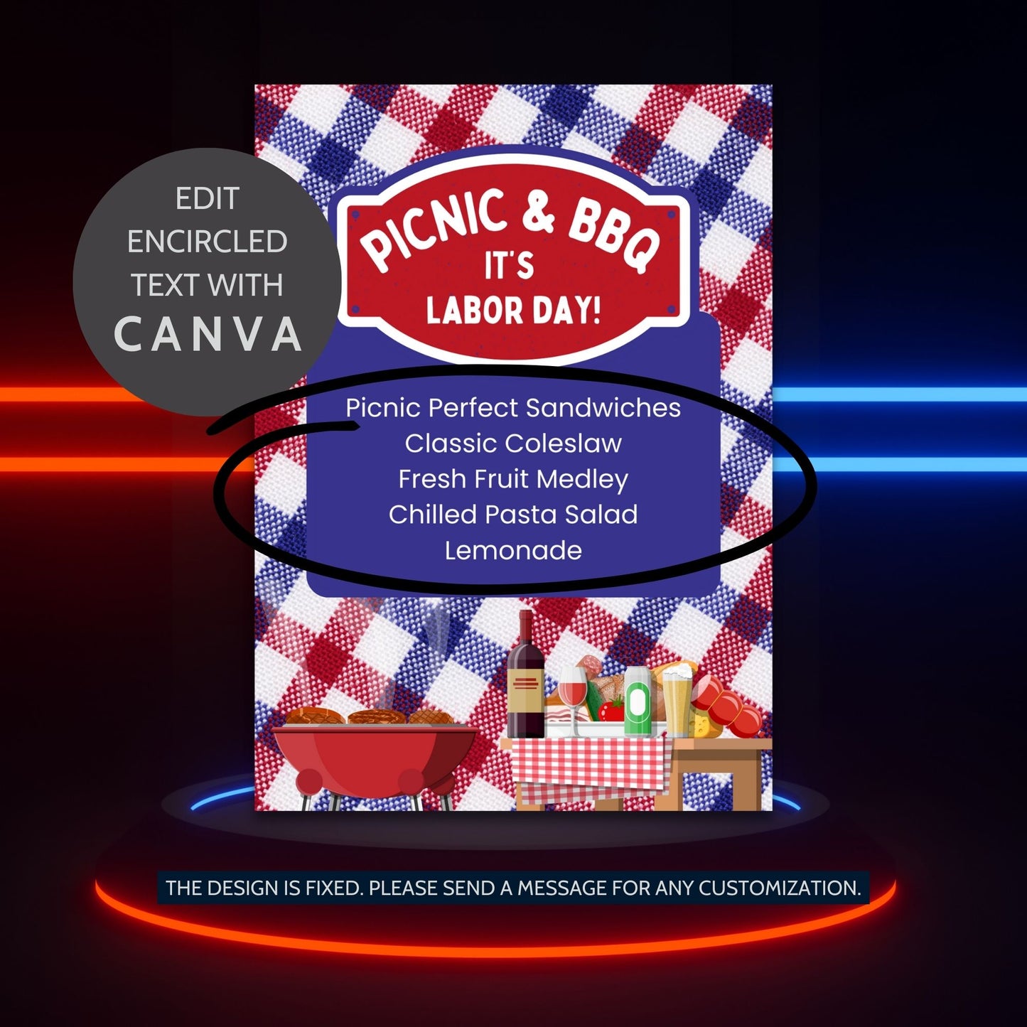 Picnic-themed Labor Day menu with a red, white, and blue gingham background, featuring editable items like Picnic Perfect Sandwiches and Fresh Fruit Medley.
