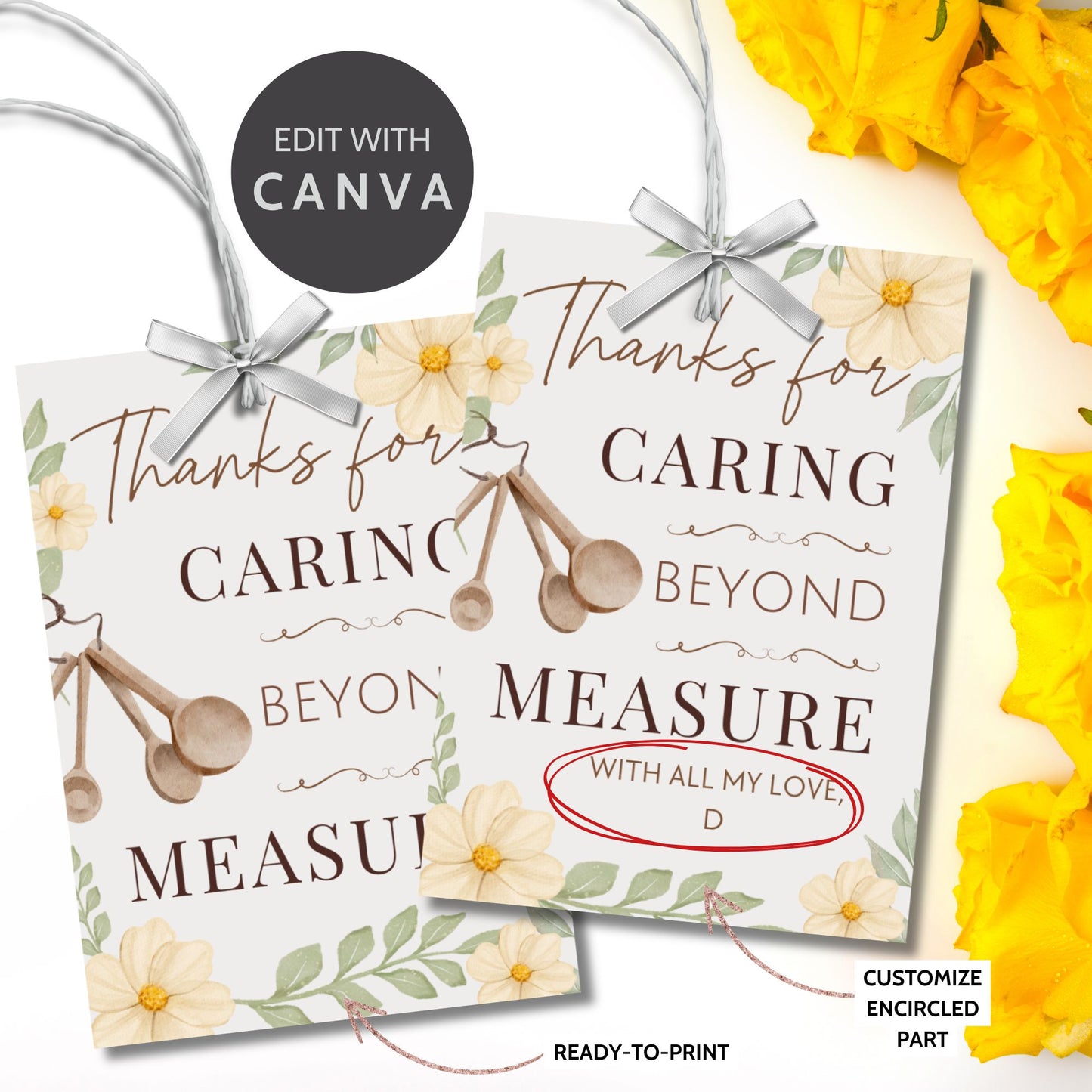 Printable and editable “Thanks for Caring Beyond Measure” gift tag with kitchen theme – perfect for caregivers, nurses, and appreciation gifts.