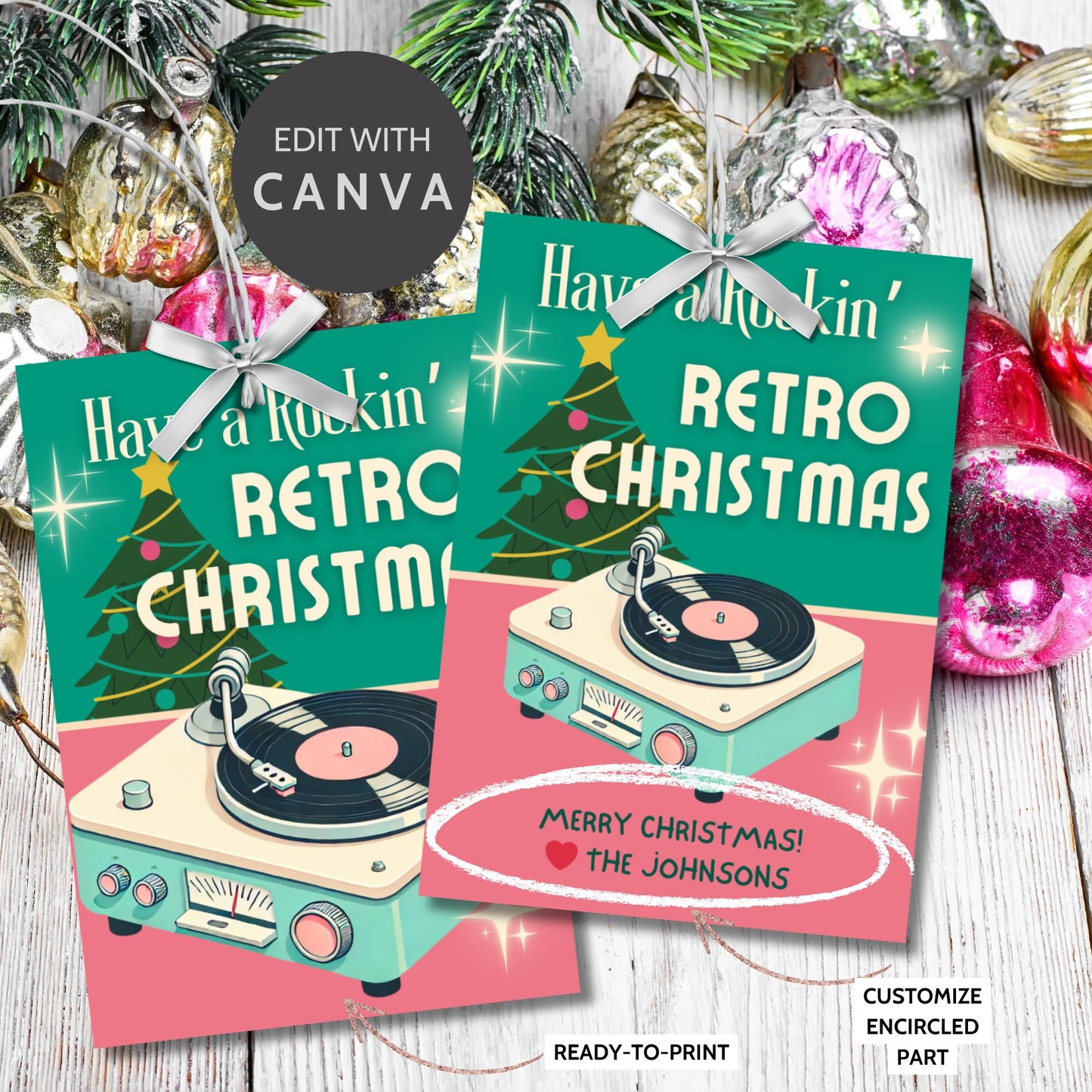 Retro Christmas gift tags featuring a vintage record player and festive Christmas tree, with the text "Have a Rockin' Retro Christmas." Editable and printable tags to add a nostalgic touch to holiday gifts.