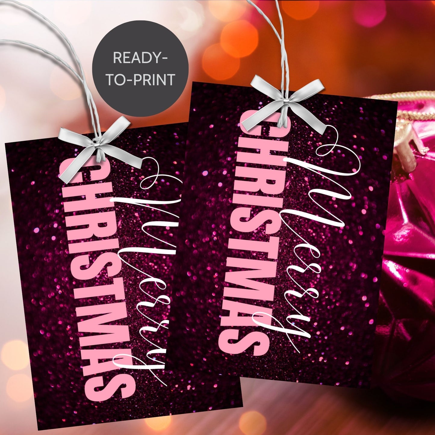 Printable pink and magenta Christmas gift tags featuring a glittery magenta background with light pink "Merry Christmas" text, sized 2.5 x 3.5 inches, 8 tags per sheet.