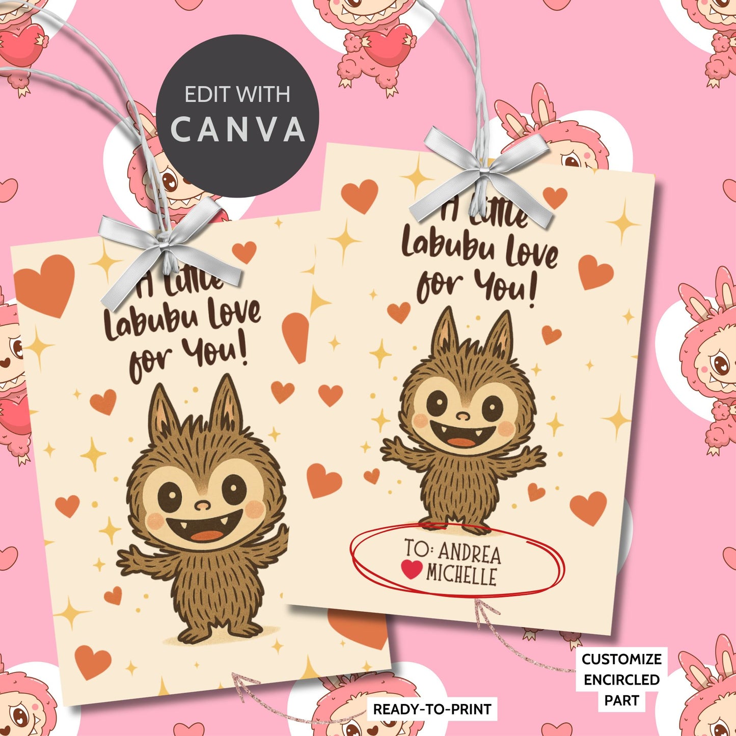 Labubu-inspired printable gift tags in pastel tones, featuring the phrase "A Little Labubu Love for You" on a 2.5 x 3.5 inch tag layout, 8 per 8.5x11 inch sheet.