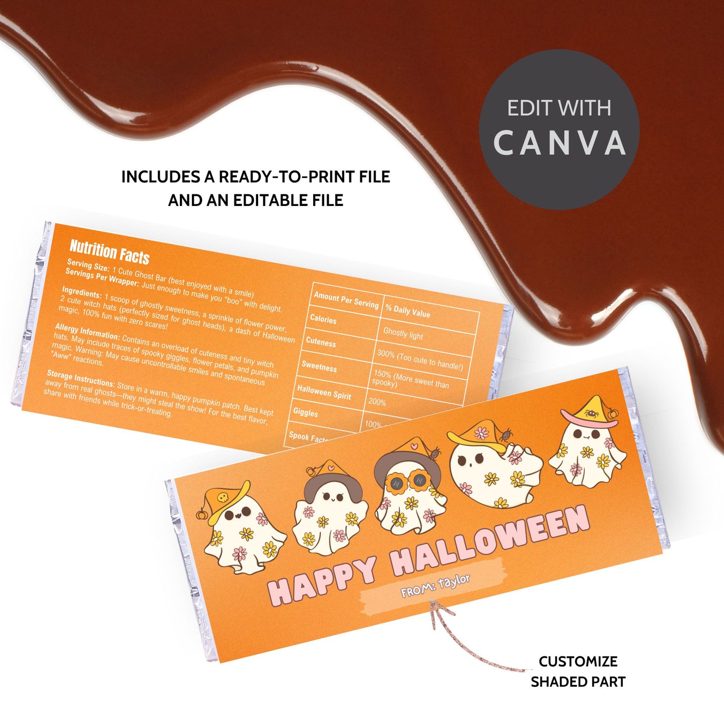 Printable and editable cute ghost-themed Halloween chocolate bar wrapper featuring pastel ghosts in witch hats, perfect for Halloween treats and parties.