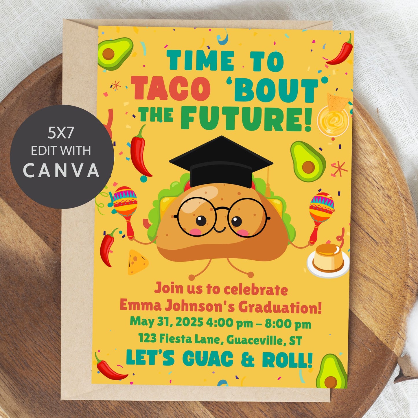Single-sided taco-themed graduation invitation with confetti background, smiling taco in a graduation cap, and bold text “Time to Taco ‘Bout the Future.” Editable 5x7 Canva template.