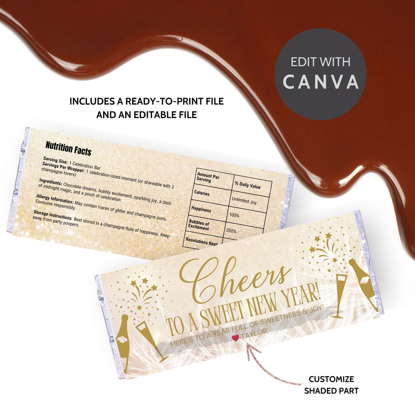 A vibrant New Year chocolate bar wrapper with celebratory designs and customizable text, perfect for adding a personal touch to New Year’s Eve celebrations or party favors.