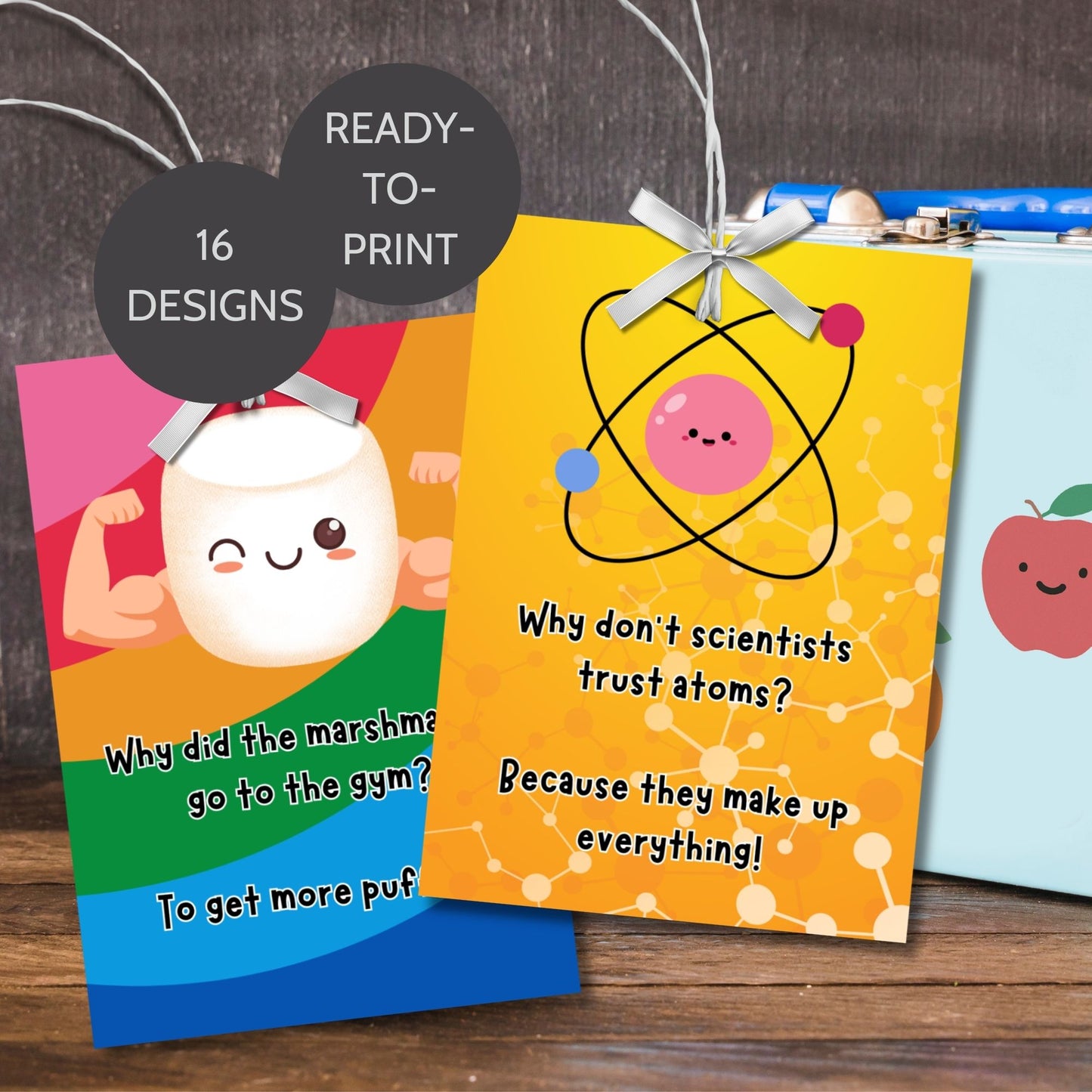 A collection of 16 colorful and funny printable lunch box notes with jokes, perfect for adding humor to a child's lunchtime.