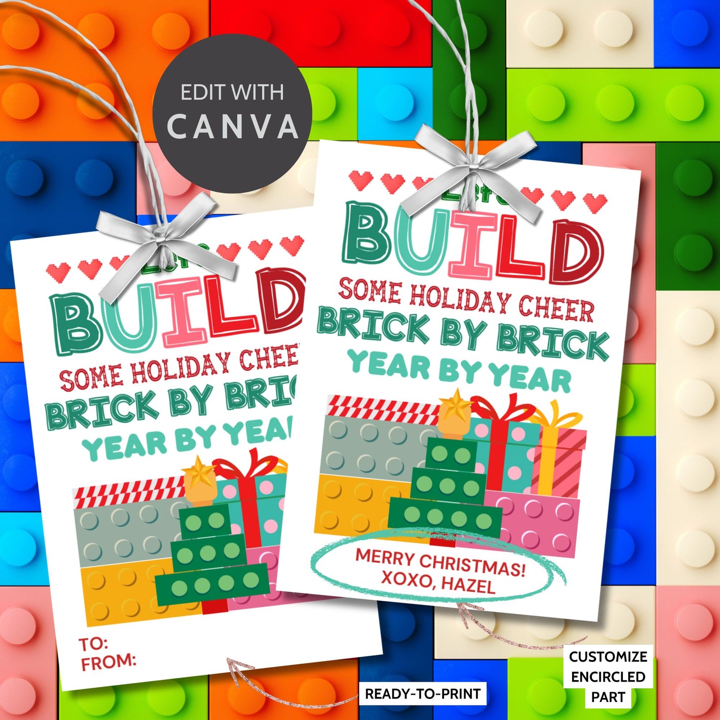Festive "Let’s Build Some Holiday Cheer" gift tags with a building block theme, perfect for LEGO or similar gifts. Includes printable PDF and editable Canva template for personalization.
