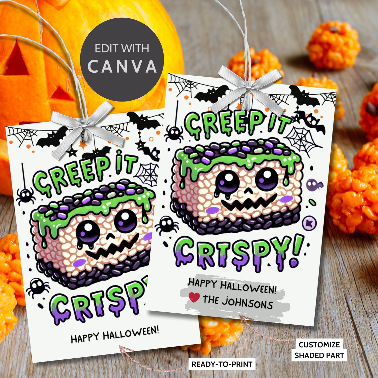 Halloween-themed printable gift tags featuring a spooky rice krispie treat with green frosting and purple sprinkles. The tag reads "Creep It Crispy!" Perfect for Halloween treats, sized 2.5 x 3.5 inches, laid out 8 per sheet. Includes a printable PDF and a link to an editable Canva template.