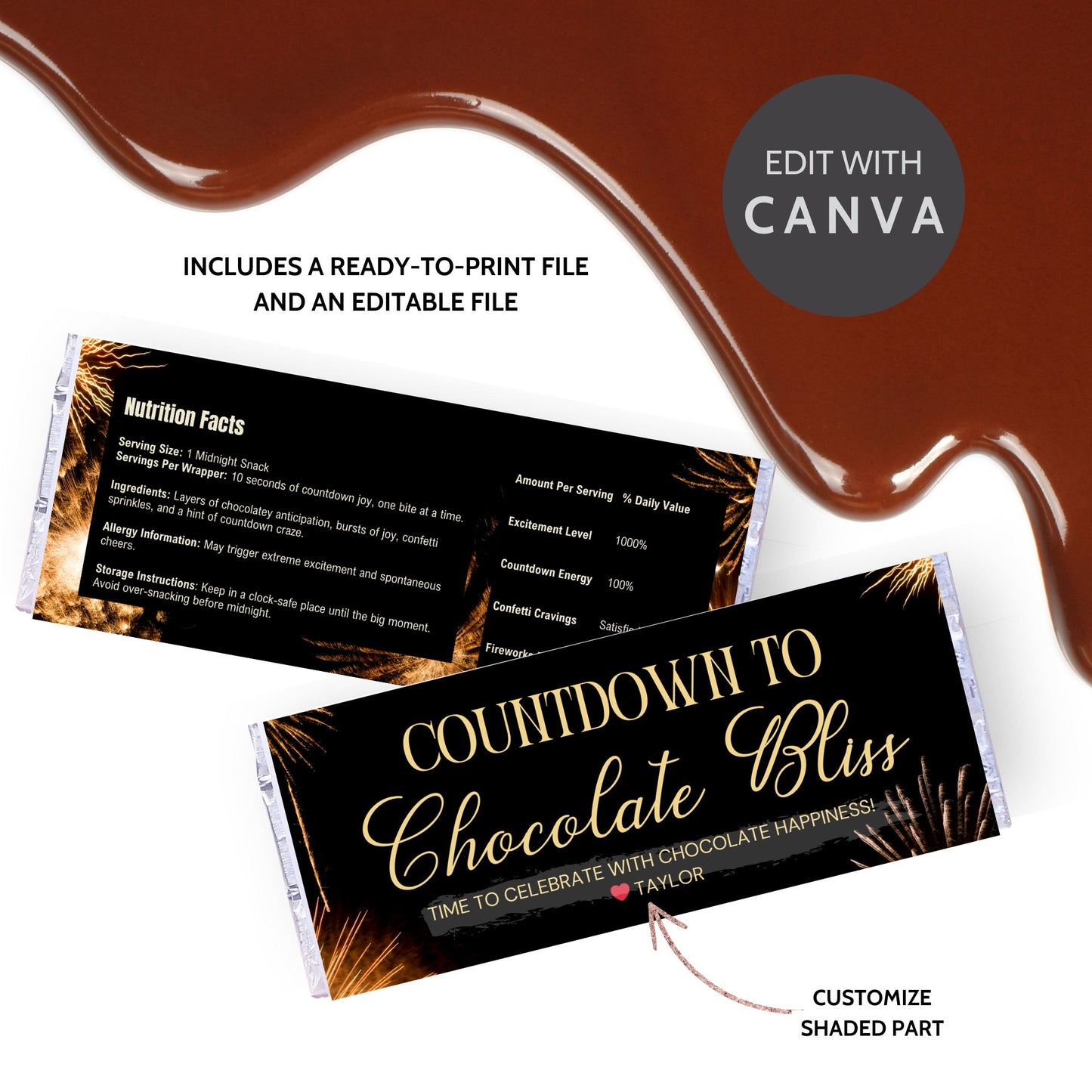 A sleek and colorful New Year chocolate bar wrapper design with editable text, perfect for personalizing New Year party favors and gifts.